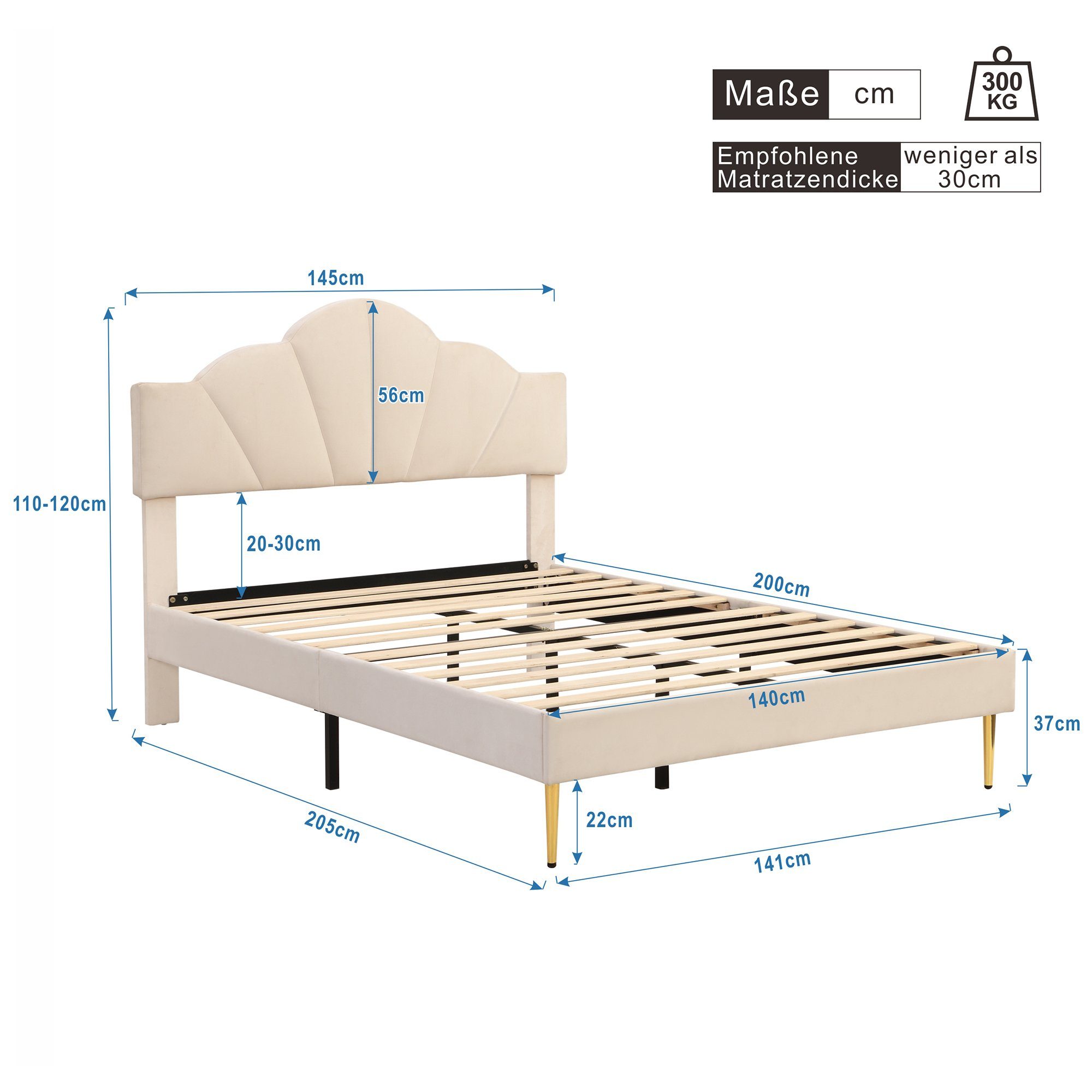 OKWISH Polsterbett muschelartiges Bett (140 X 200 CM Ohne Matratze), Höhenverstellbares Kopfteil,Bett mit goldenen Eisenbeinen