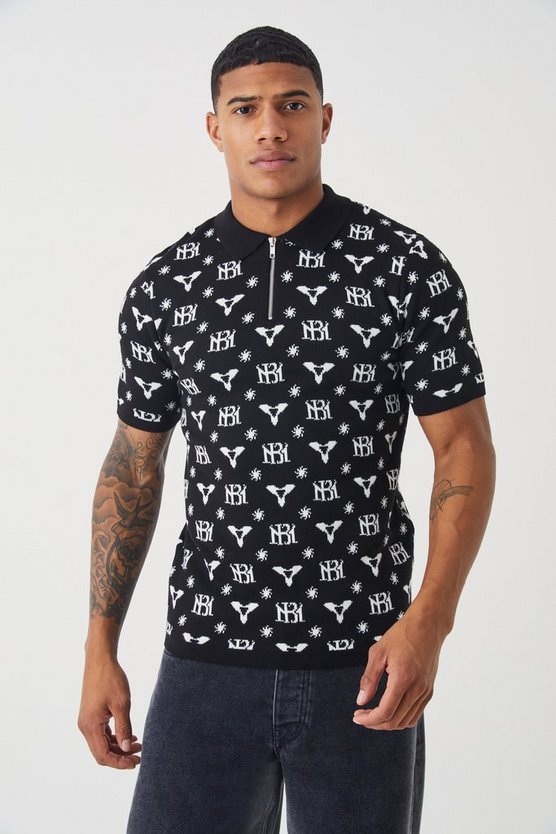 Muscle-Fit Jacquard Poloshirt mit halbem Reißverschluss