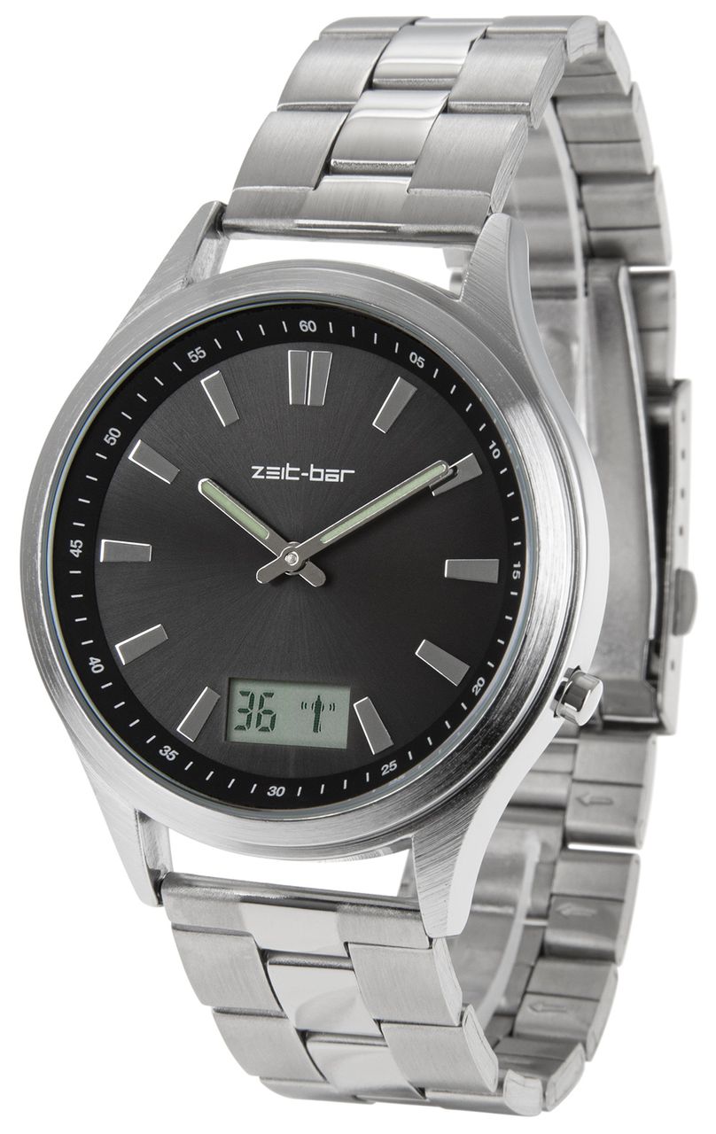 Zeit-Bar Funk-Armbanduhr mit Datums- und Sekundenanzeige, Edelstahl-Uhrband