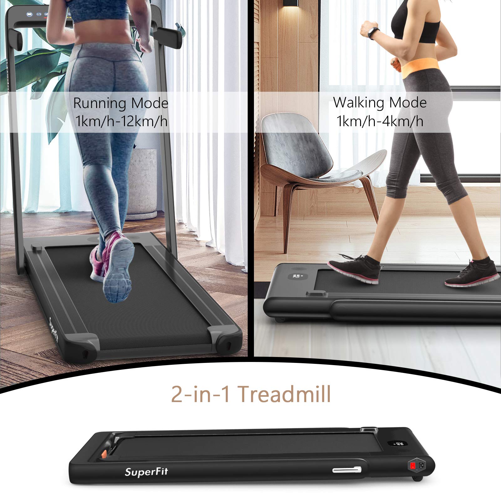 2 in 1 Folding Treadmill with Dual Display, 2.25HP Superfit Under Desk Electric Pad