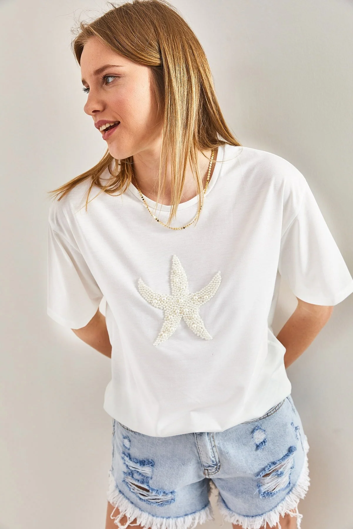 Bianco Lucci  Damen-T-Shirt aus gekämmter Baumwolle mit Stern-Perlenstein-Stickerei