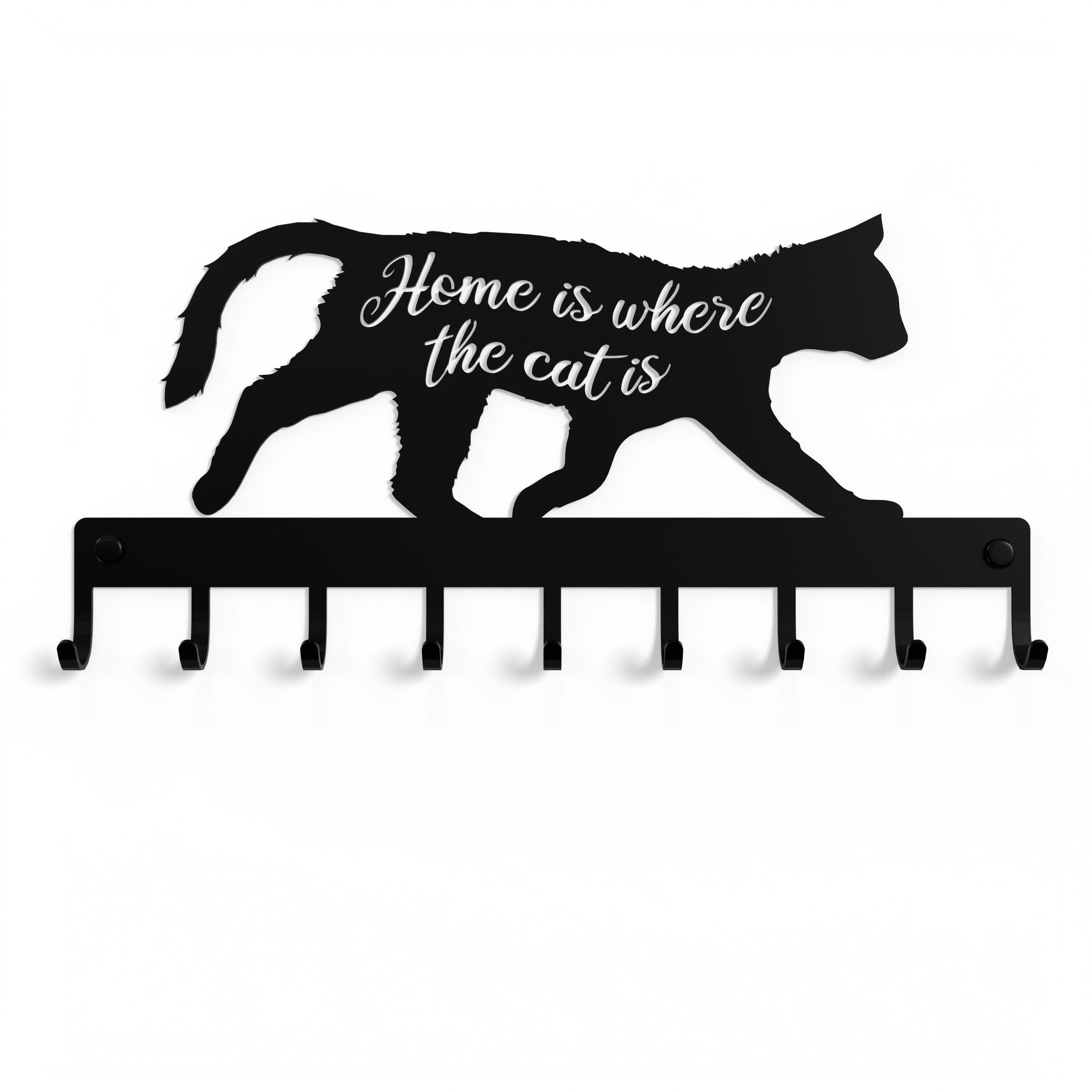 NOGGI - Home Decor Masters Schlüsselleiste Schlüsselhaken mit Motiv, (Schlüsselbrett HOME IS WHERE THE CAT IS I Schlüsselablage mit 9 Haken I Schlüsselhalter für die Wand, Wandbefestigung im Set enthalten), Made in EU