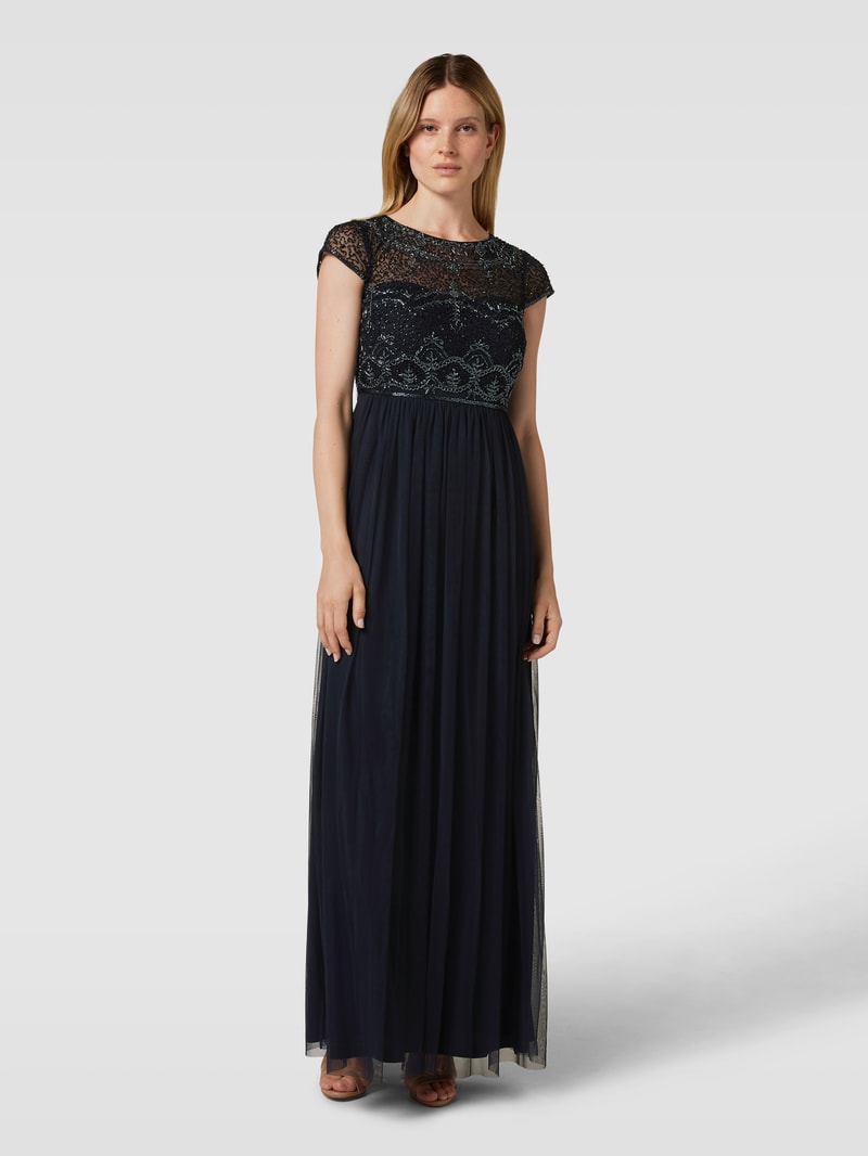Abendkleid mit Ziersteinbesatz in marineblau meliert