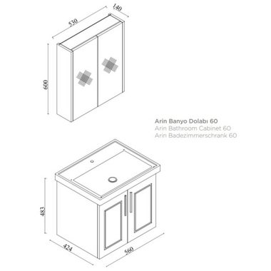 Karen Badmöbel-Set Arin, (Komplett-Set, 3-Teilig (Unterschrank, Spiegelschrank, Waschbecken), Unterschrank mit Türen, Spiegelschrank mit Türen & Regalen), Landhaus-Stil, Matt-PVC-Beschichtung, Softclose, Bügelgriffe