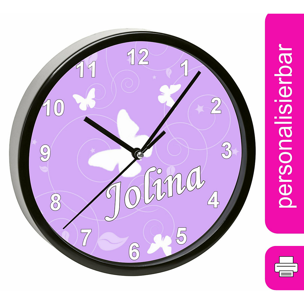 Kinder Wanduhr laufruhig personalisiert mit Name Schmetterling Flieder