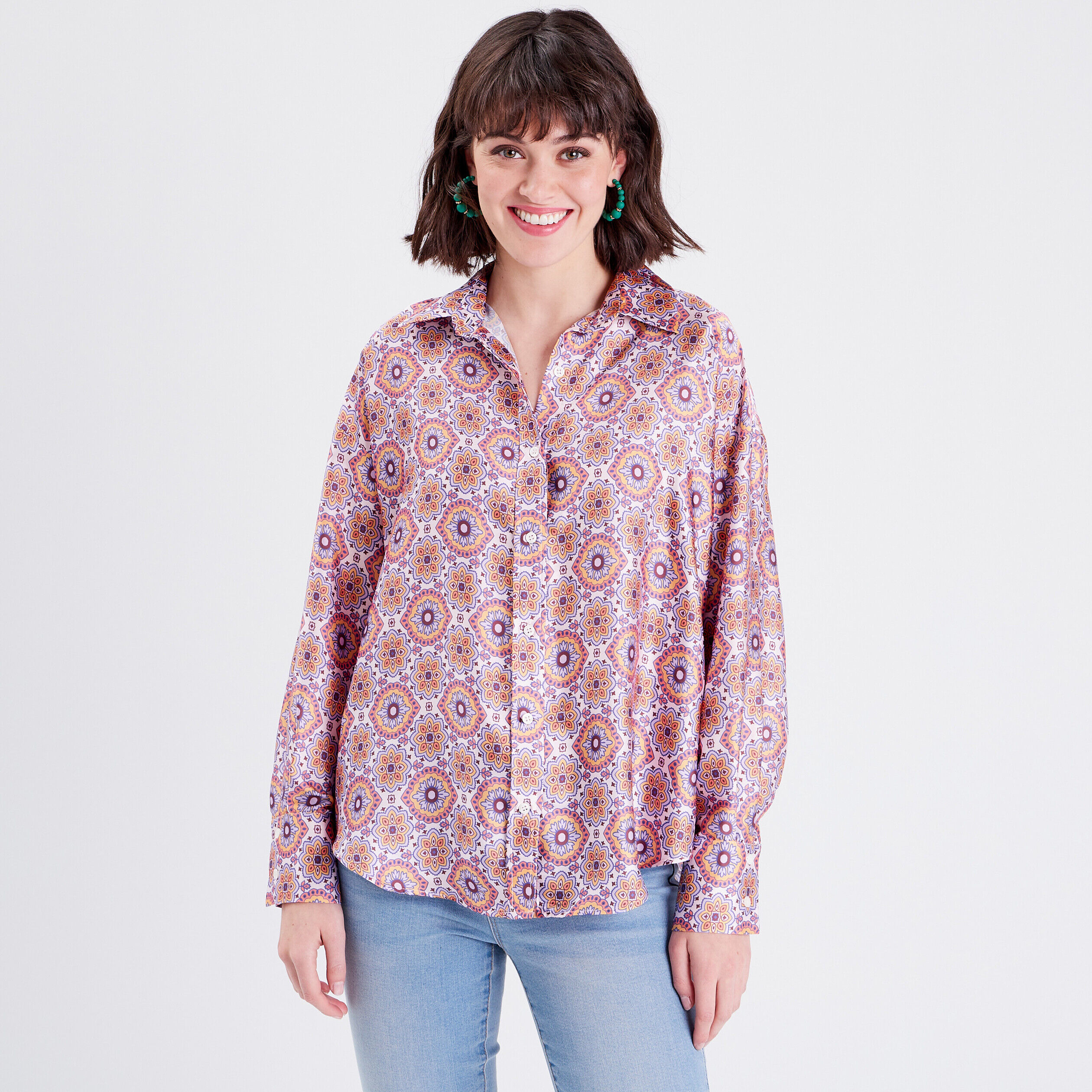Chemise manches longues satin mauve femme | Cache Cache