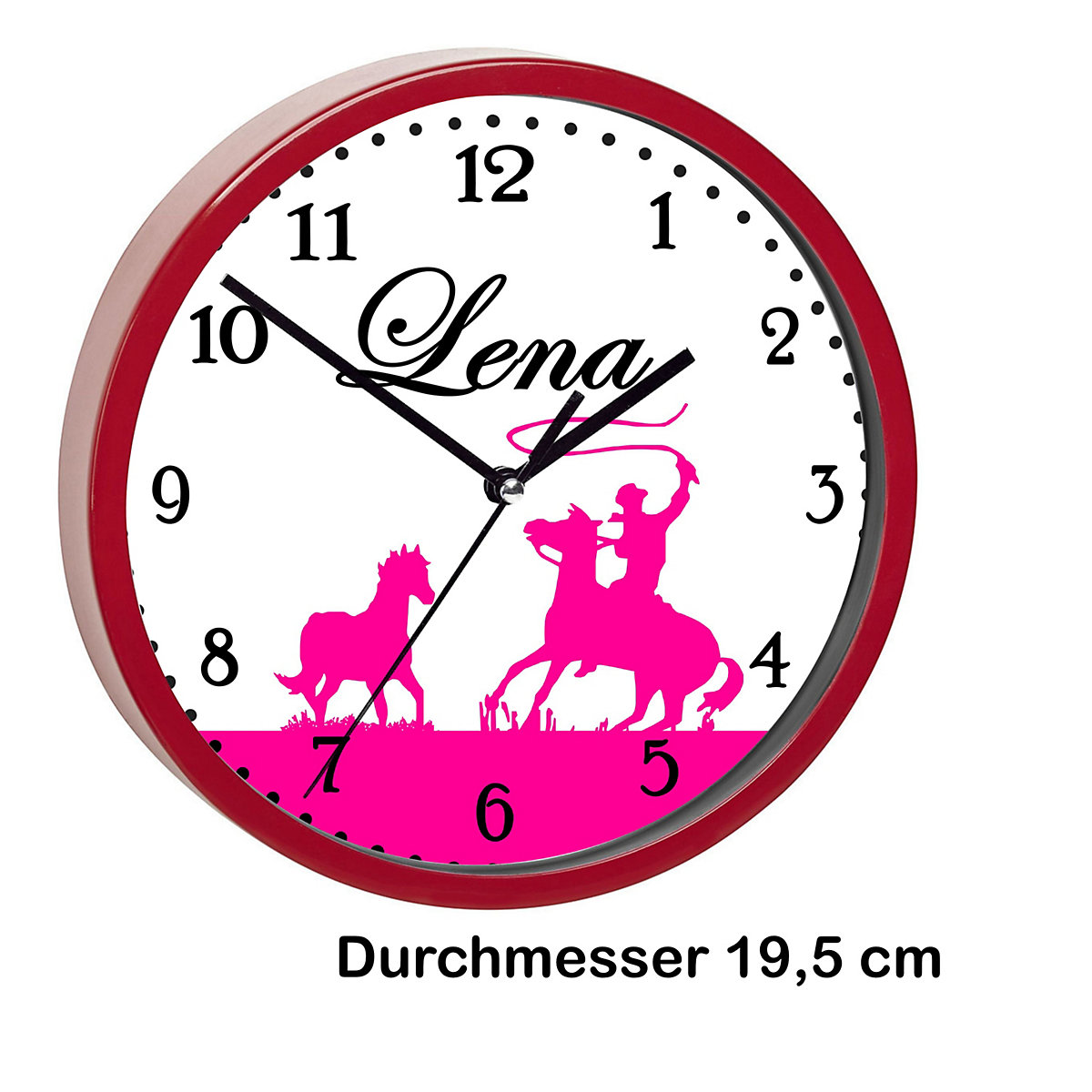 Kinder Wanduhr laufruhig personalisiert mit Name Pferde Cowboy Pink