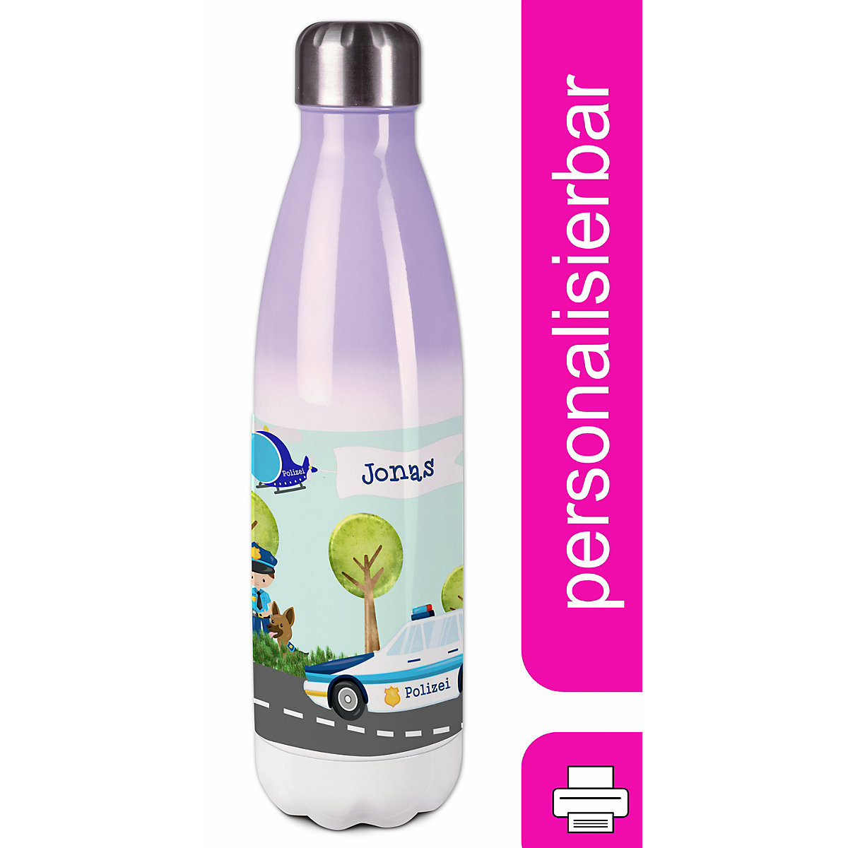 Edelstahl Kinder Thermoflasche / Trinkflasche bunt Polizei Spülmaschinenfest, Auslaufsicher, Bruchfest, Doppelwandig, Für Heißgetränke geeignet, Mit Deckel, Isoliert
