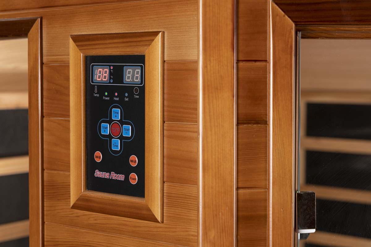 PureHaven Infrarotkabine 150x150x80x95x80 cm aus kanadischem Tannenholz Bluetooth-Soundsystem Lichttherapie in 4 Farben digitale Steuerung