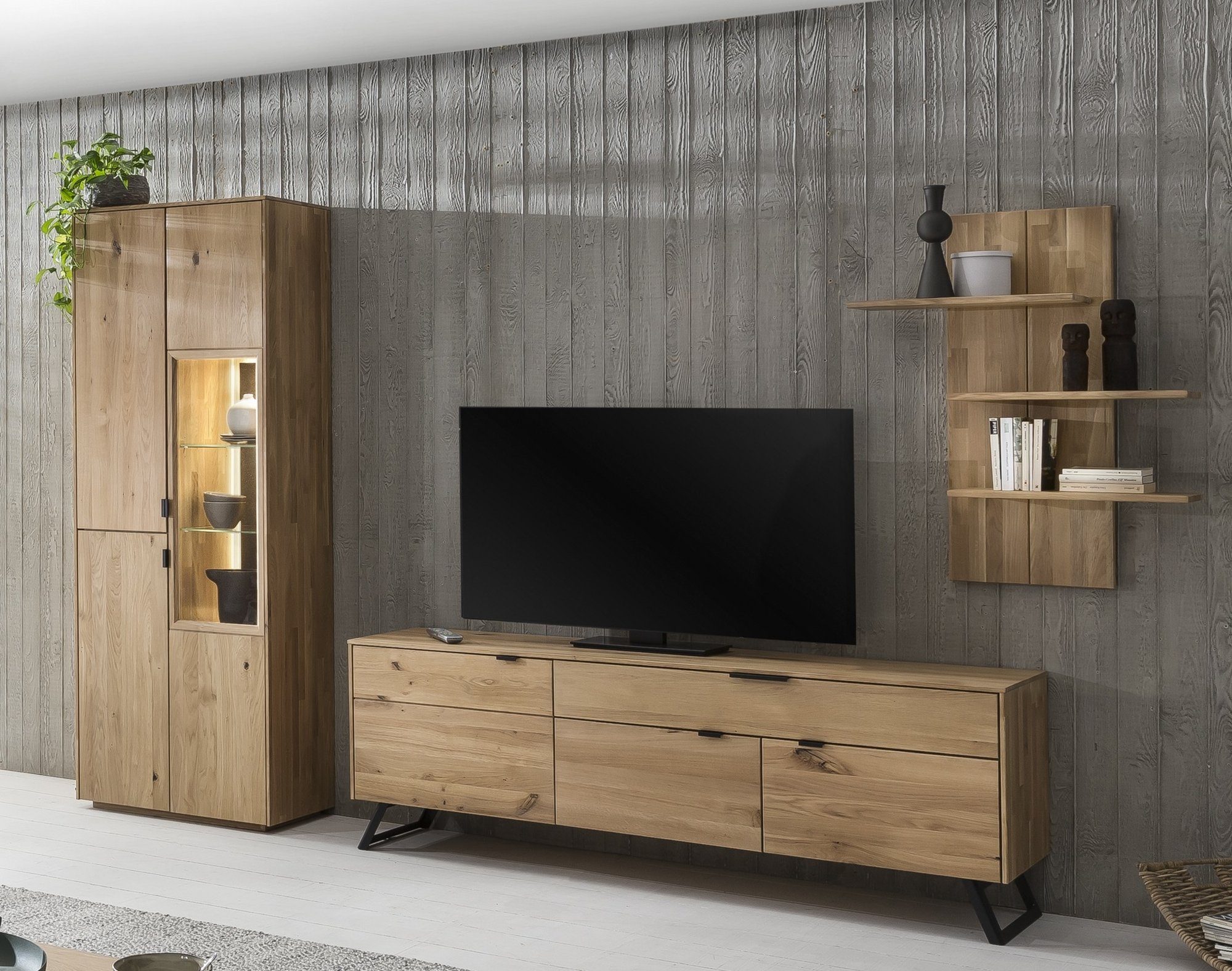 58 aufm Kessel Wohnwand Wohnwand Massivholz Idalia 280x203x45 Wohnzimmerschrank Wildeiche, (3-St)