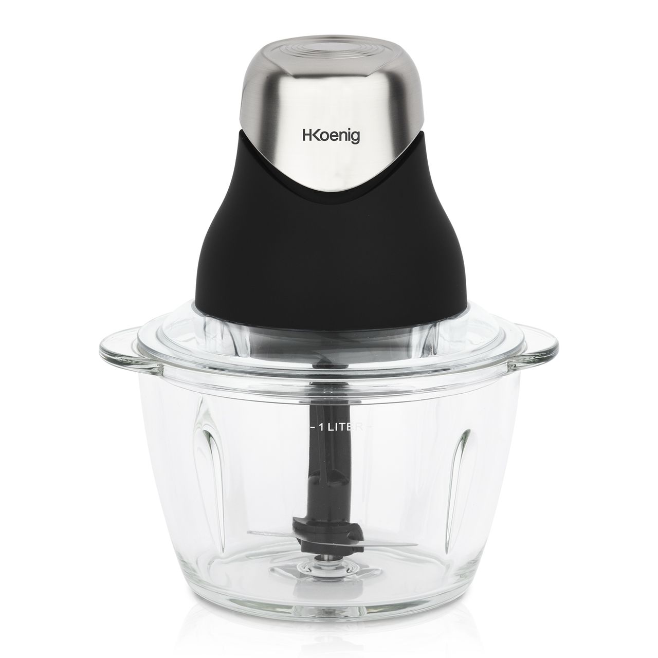 H.Koenig Mini elektrischer Fleischwolf Mattschwarz Chrom LEO8 Widerstandsfähige Schüssel Graduierte Glasschüssel 1L Edelstahlklingen, Einfach zu verwenden, Gemüse Zwiebel Salat Pesto Petersilie Nüsse Fleisch Knoblauch, Aufbewahrungsdeckel