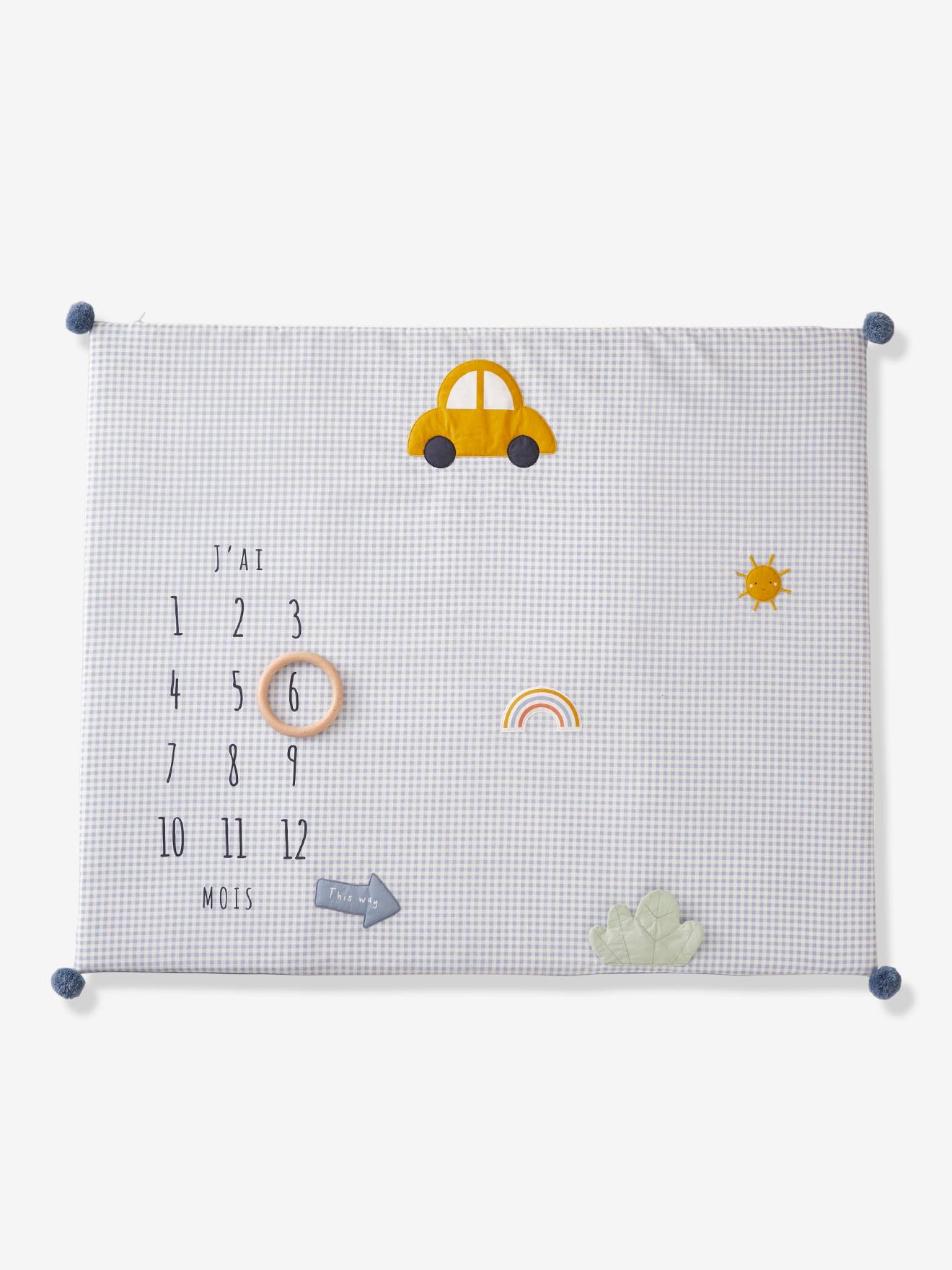 Tapis photo bébé personnalisable en gaze de coton EN VOITURE SIMON ! bleu