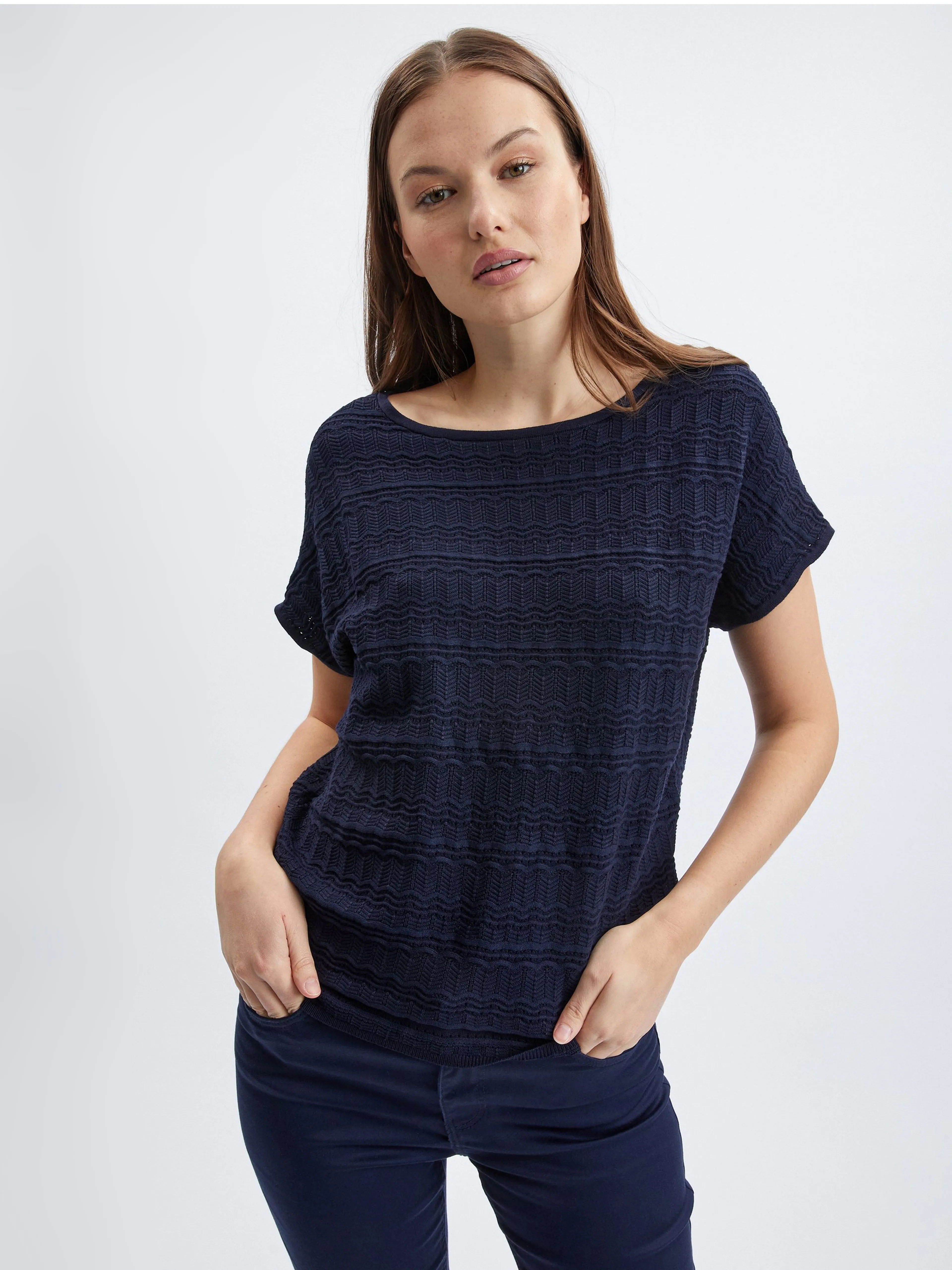 Dunkelblauer Damen-Kurzarmpullover ORSAY
