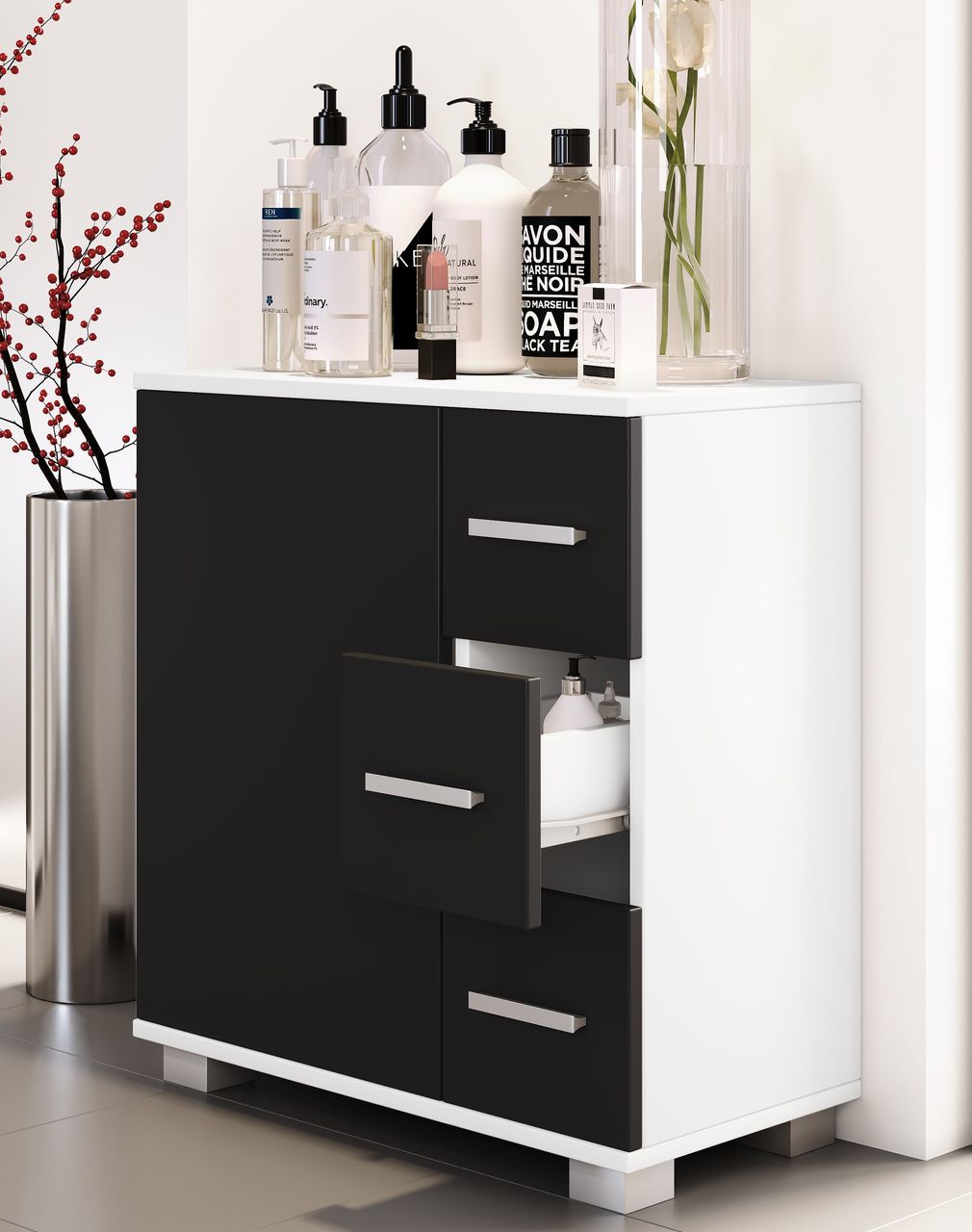 VCM Midischrank mit 3 Schubladen Zalo XL Weiß/Schwarz