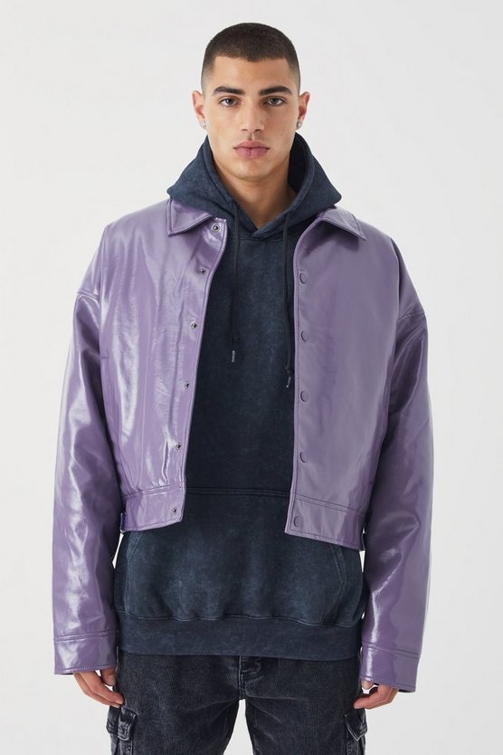 Kastige hochglänzende PU Harrington-Jacke