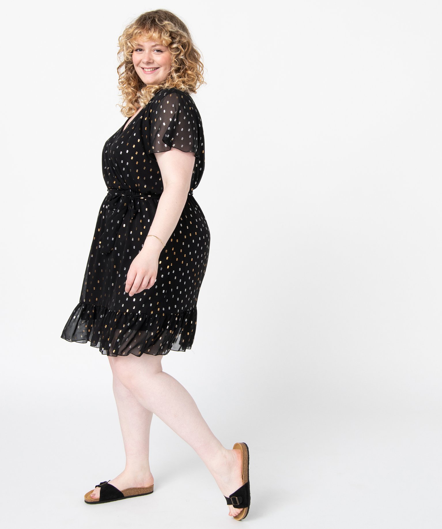 Robe femme grande taille à pois avec volants noir | GEMO
