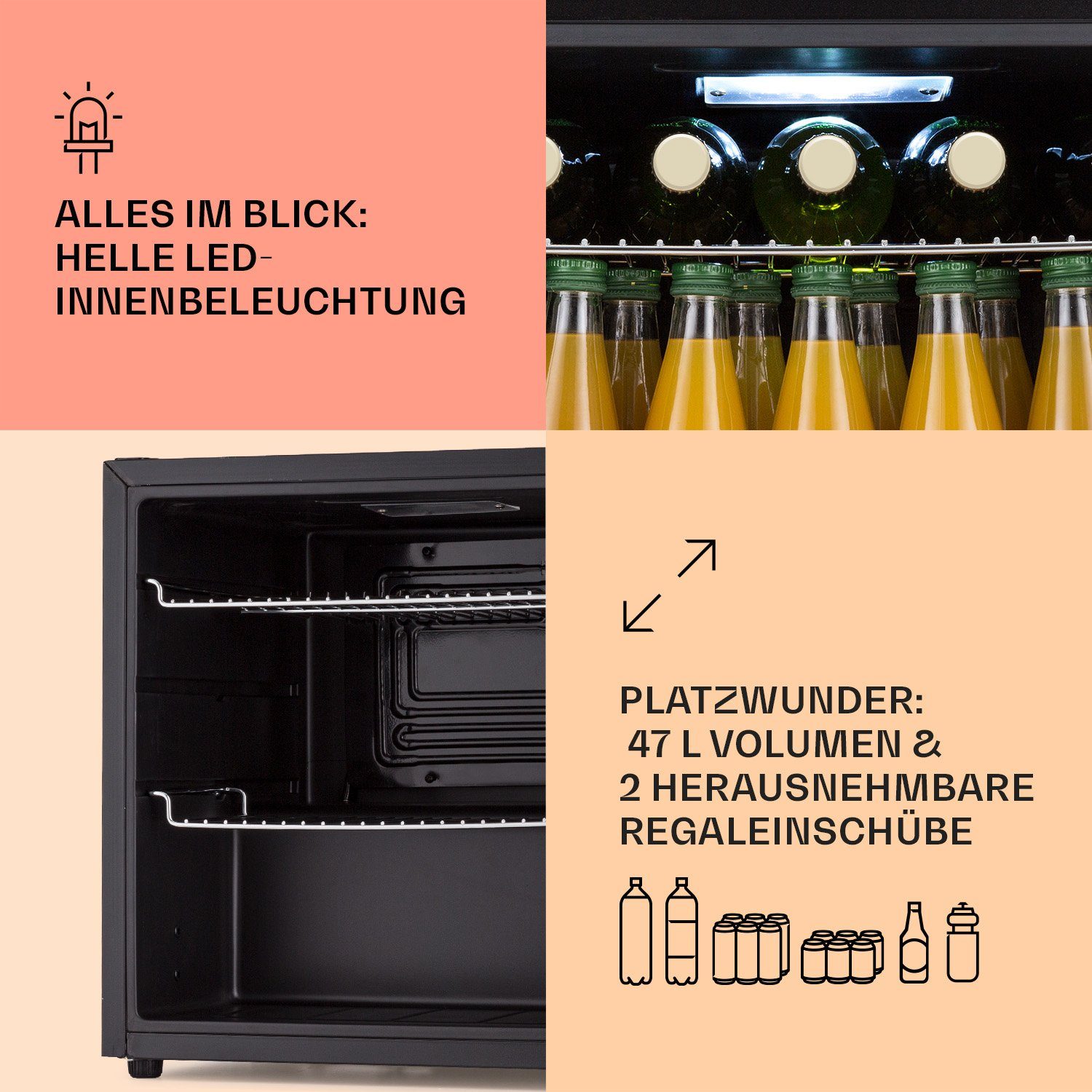 Klarstein Getränkekühlschrank HEA-Coachella50-OX 10034822A, 51 cm hoch, 47.5 cm breit, Bierkühlschrank Getränkekühlschrank Flaschenkühlschrank mit Glastür