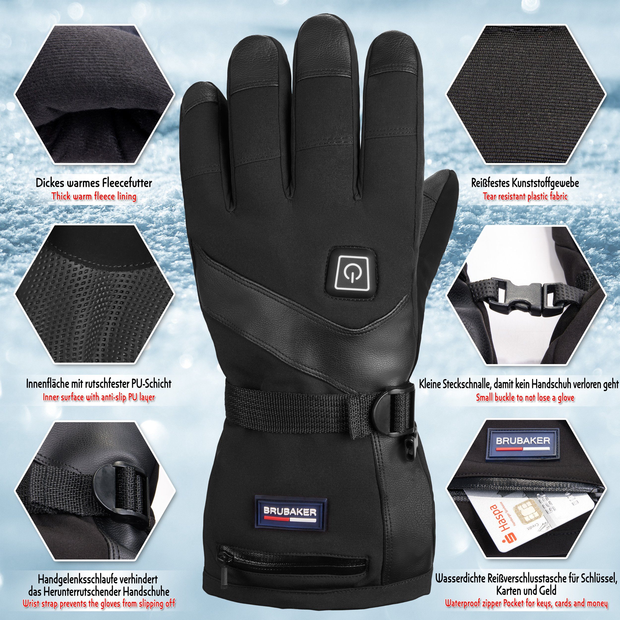 BRUBAKER Skihandschuhe Beheizbare Thermo Handschuhe mit Akku (mit Reißverschluss-Tasche) Wasserdicht und Winddicht – Winterhandschuhe für Herren und Damen - 3 Stufen Temperaturregler Heizung - Thermo Handschuhe Skifahren, Motorrad und Fahrrad