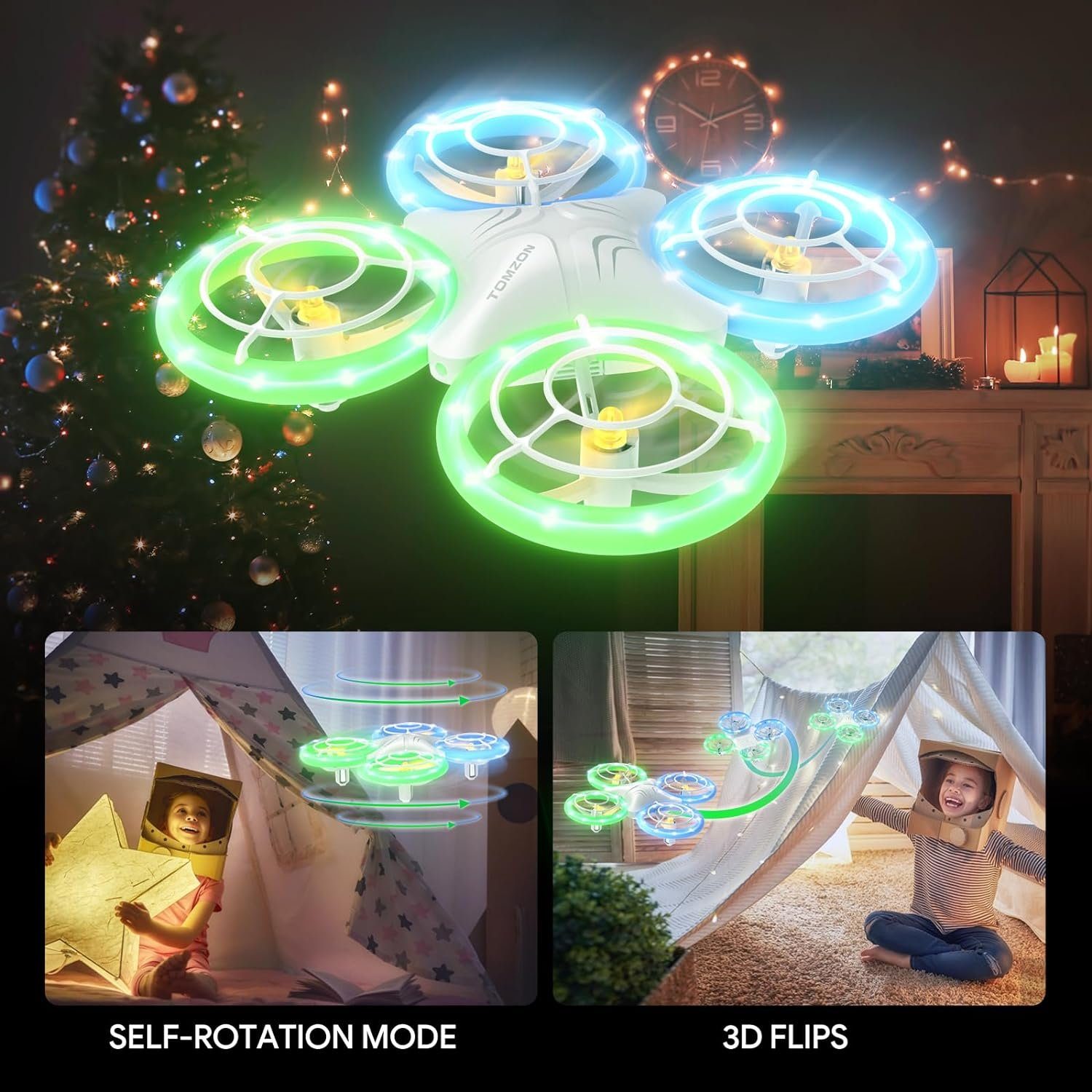Tomzon Mini Drohne für Kinder, Blauen und Grünen LED Lichter Drohne (Fliege mit Leichtigkeit: 2 Akkus, 3D-Flip, Kopflos-Modus, für Anfänger)