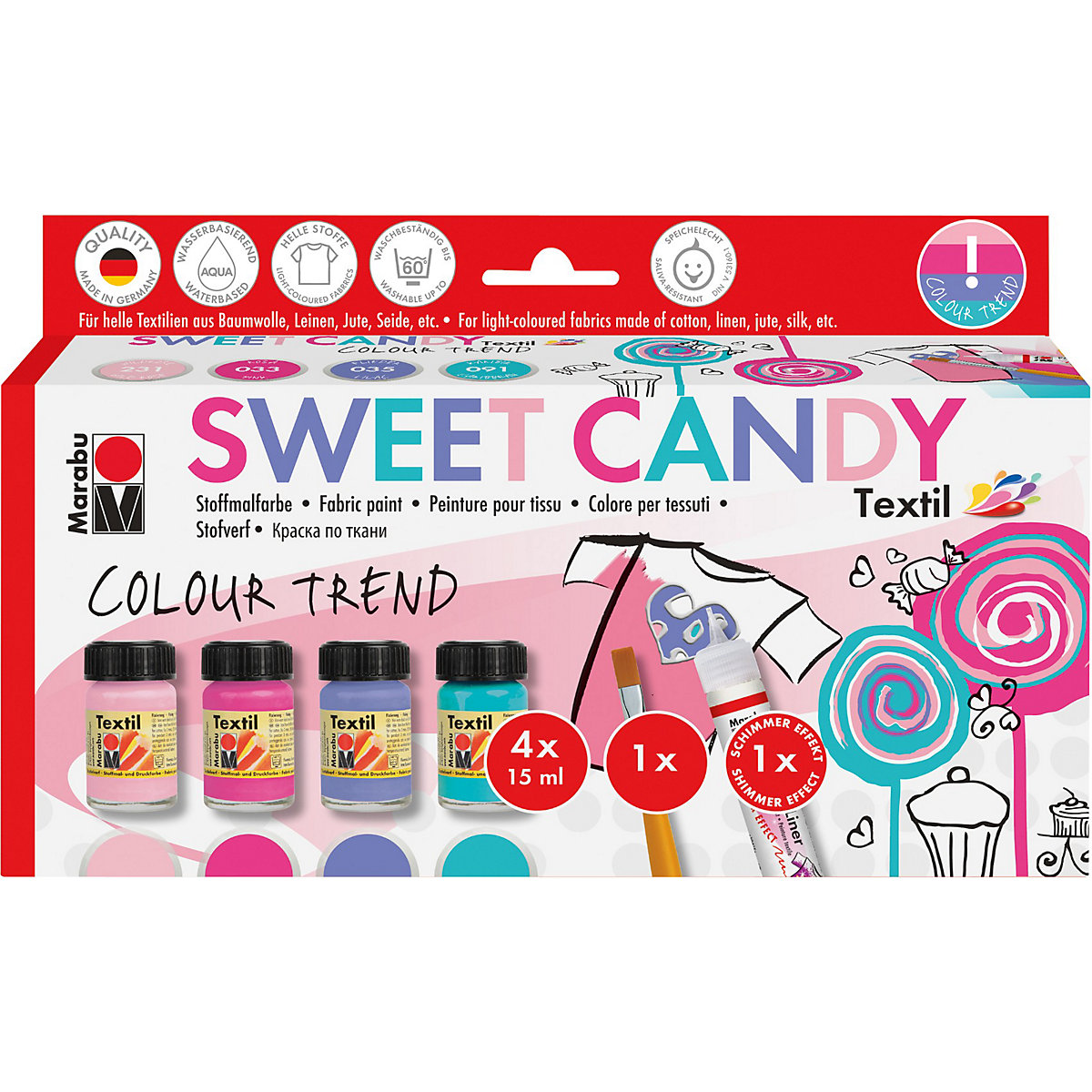 Stoffmalfarbe SWEET CANDY, 4 x 15 ml inkl. Pinsel & Fashionliner