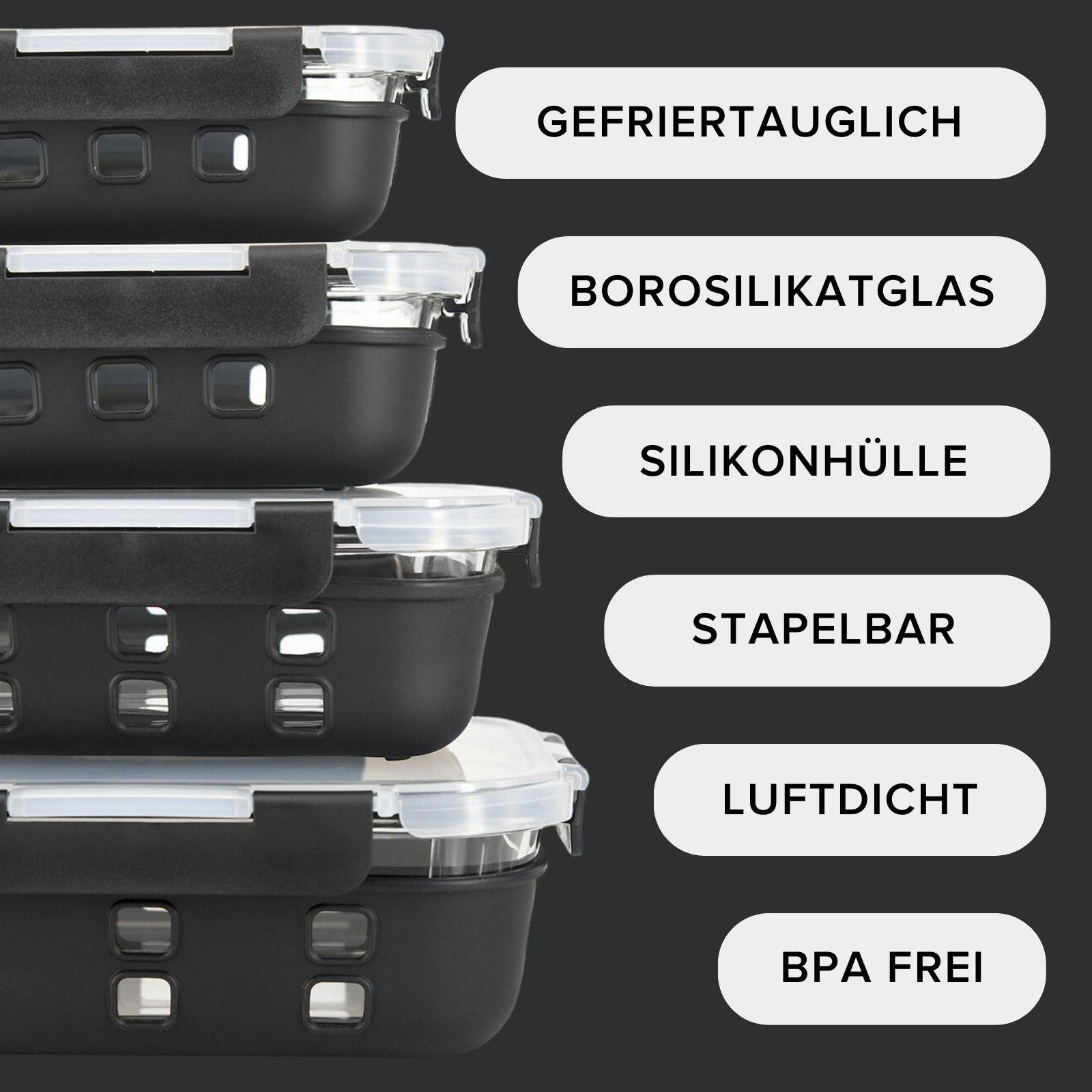 PIE LOCK Vorratsdose Vorratsdosen Glas mit Deckel - Frischhaltedosenset, Borosilikatglas, (PIE LOCK, 4 tlg. rechteckig, Vorratsdosen-Set, Borosilikatglas, Silikonüberzieher, 370ml, 640ml, 1040ml, 1520ml, stapelbar, Frischhaltedose, Brotdose, Meal Pre