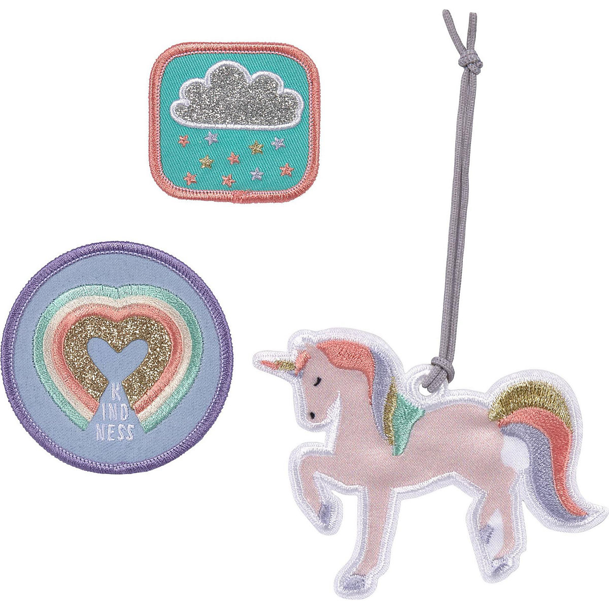 Patches-/Anhängerset für Schulranzen & Taschen Unicorn Glitter, 3-tlg.
