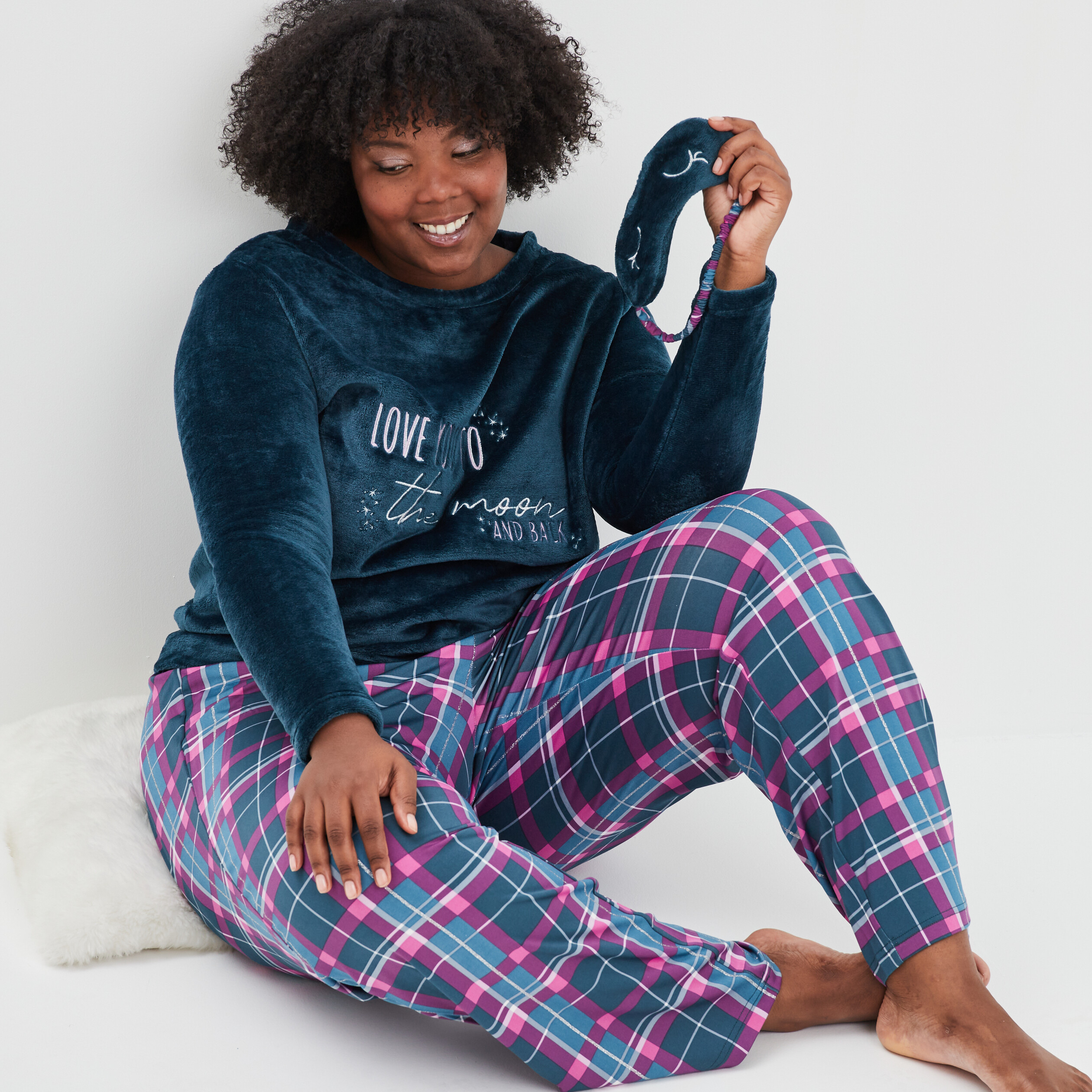 Ensemble pyjama pantalon haut velours bleu canard femme grande taille | La Halle