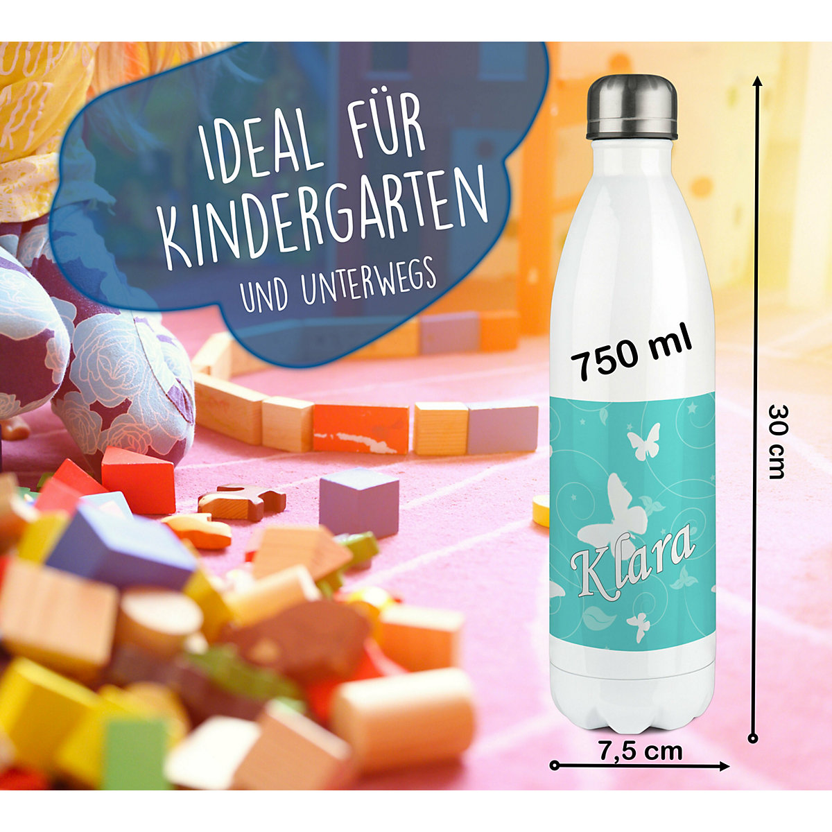 Edelstahl Kinder Thermoflasche / Trinkflasche bunt Schmetterling Ornamente Farbe türkis Spülmaschinenfest, Auslaufsicher, Bruchfest, Doppelwandig, Für Heißgetränke geeignet, Mit Deckel, Isoliert