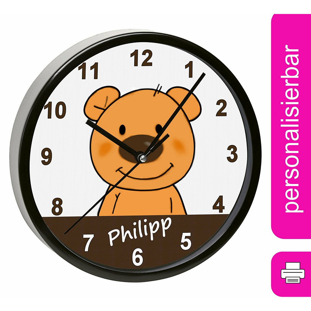 Kinder Wanduhr laufruhig personalisiert mit Name Teddy Bär