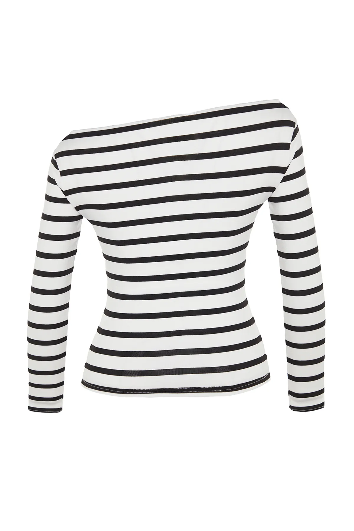 Trendyol Collection  Schwarz-weiß gestreifte, hochwertige, dehnbare Strickbluse aus weichem Stoff mit U-Boot-Ausschnitt und tailliertem Schnitt TWOAW24BZ00227