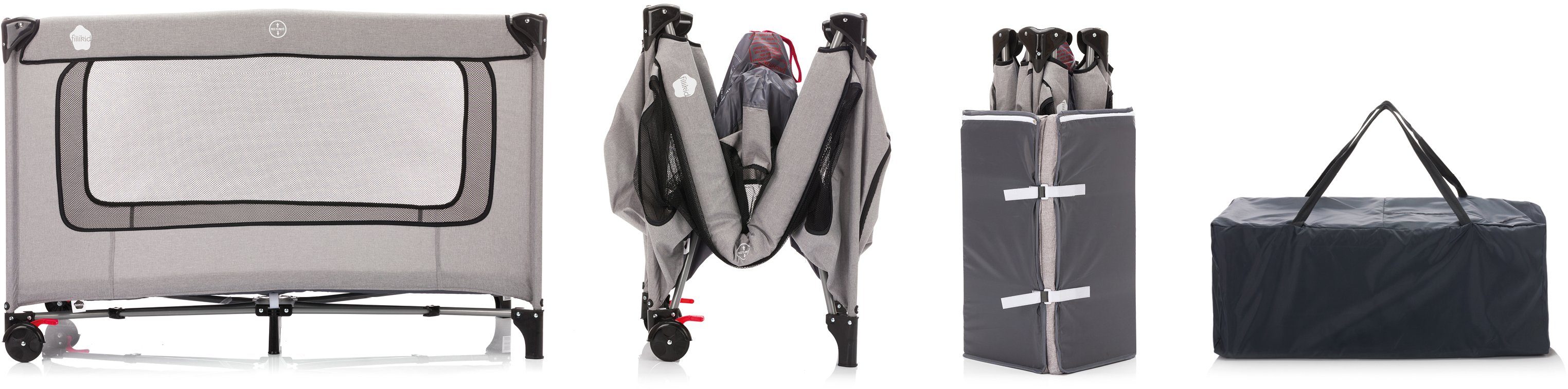 Fillikid Baby-Reisebett Reisebett mit Komfortmatratze, hellgrau melange, inkl. Transporttasche