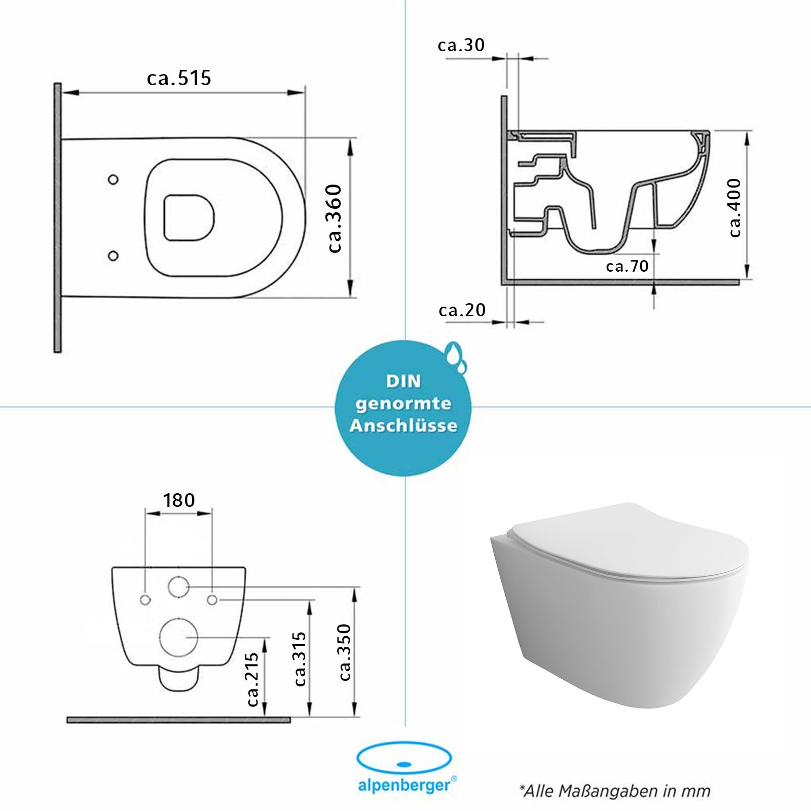 Alpenberger Tiefspül-WC Spülrandloses Hänge WC mit Nano - Geberit Passend, Wandhängend, Abgang Waagerecht, Toilette 2-tlg., Keramik Wand WC mit WC Deckel mit Absenkautomatik