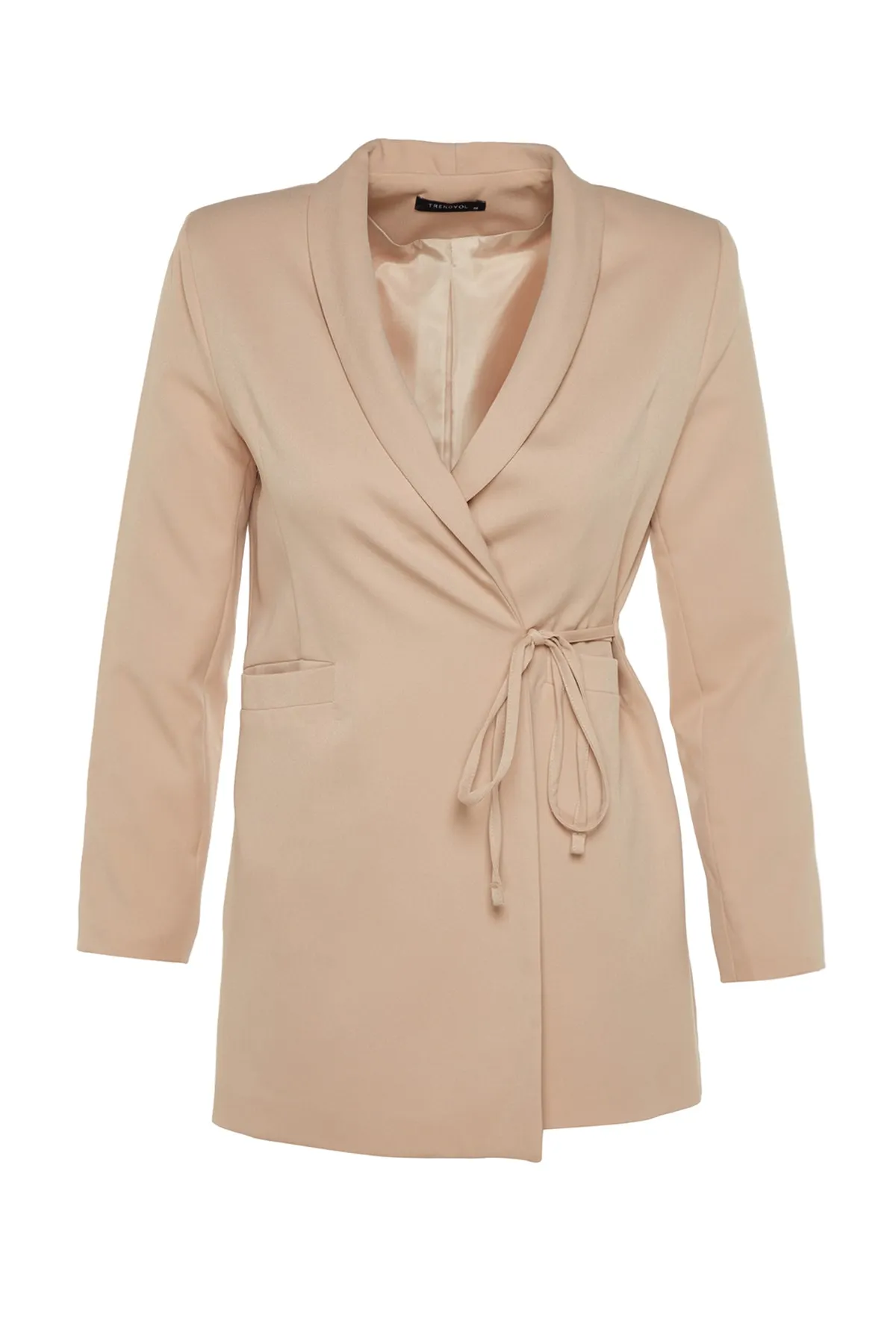 Trendyol Modest  Beigefarbene Jacke mit Taillenschnürung und detailliertem Webfutter TCTSS23CK00080