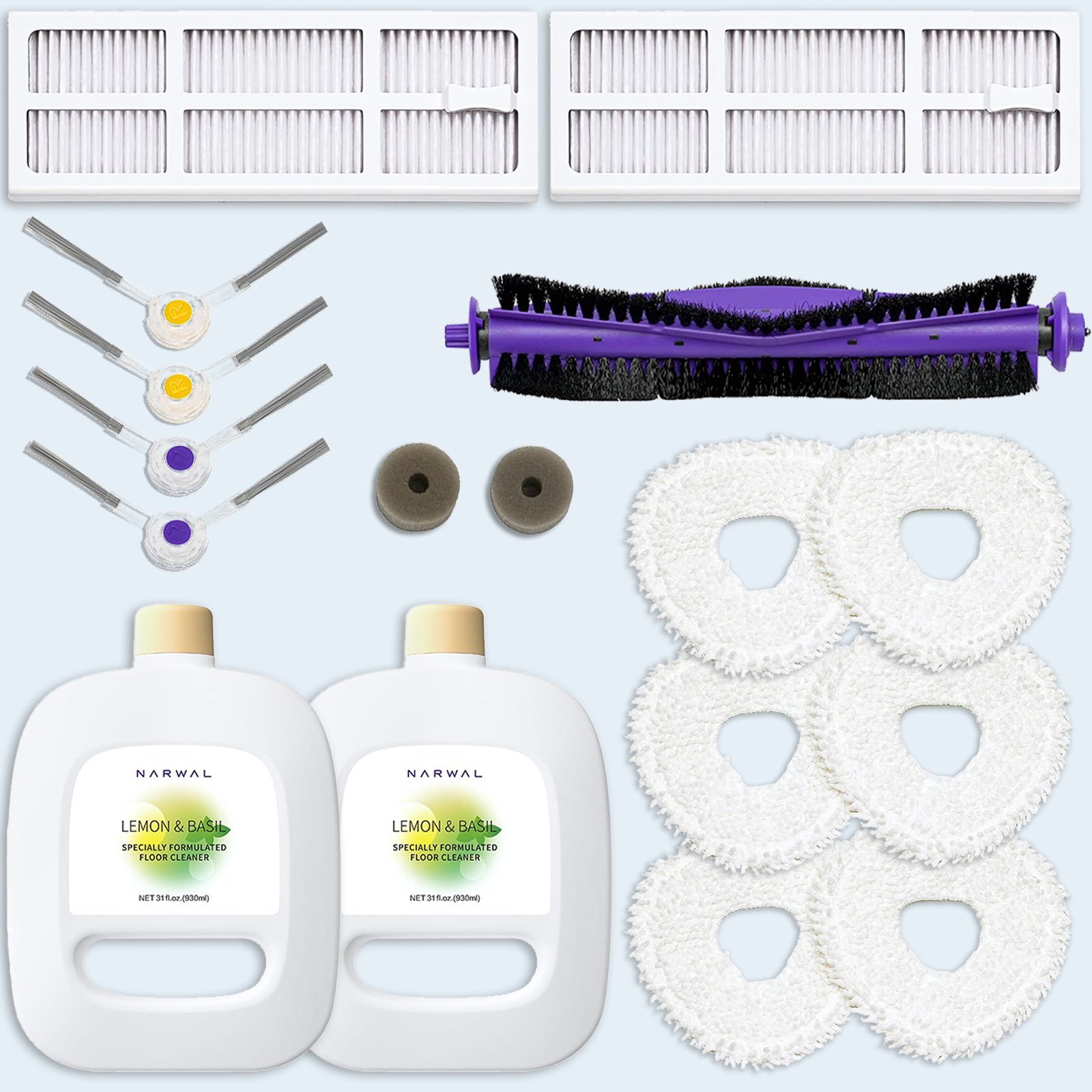 Narwal Saugroboter Zubehör-Set Zubehörpaket, Zubehör für Narwal Freo, (mit 1 Hauptbürste, 4 Seitenbürste, 6 Wischtücher, 2 HEPA Filter, 2 Tank-Filter und 2 Reiniger, 17-tlg)