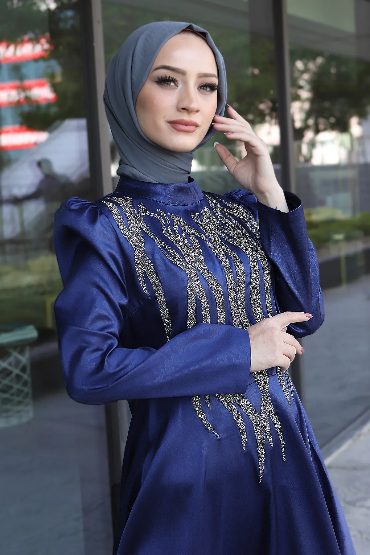 Tesettür Dünyası  Abendkleid mit Pailletten vorne und detaillierten Details Tsd220544 Indigo