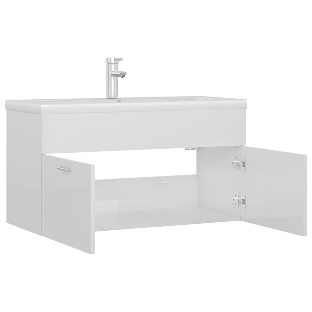 vidaXL Badezimmerspiegelschrank Waschbeckenunterschrank mit Einbaubecken Hochglanz-Weiß (1-St)