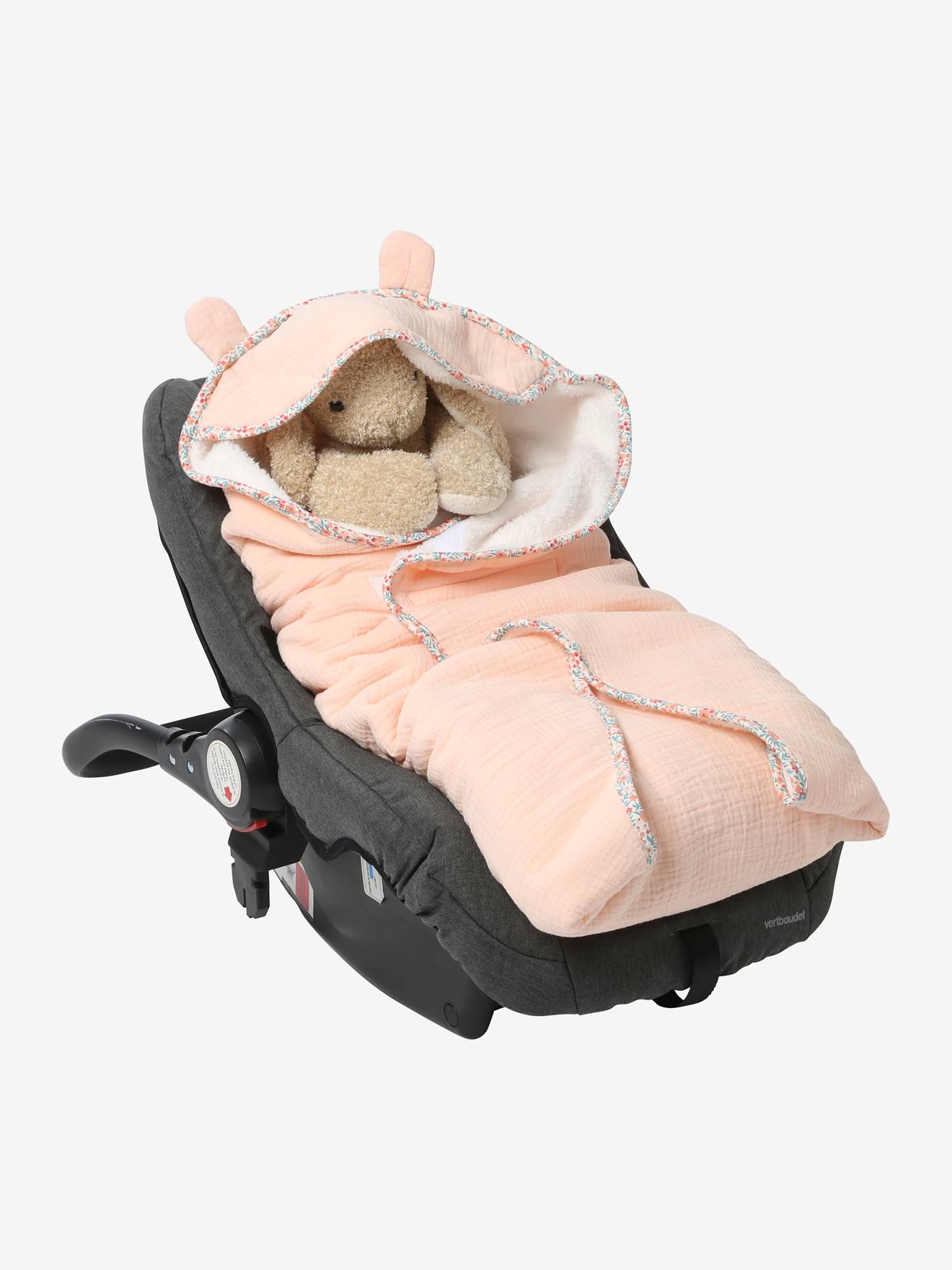 Vertbaudet Einschlagdecke für Babyschale, Musselin Oeko-Tex, personalisierbar - rosa blumenwiese