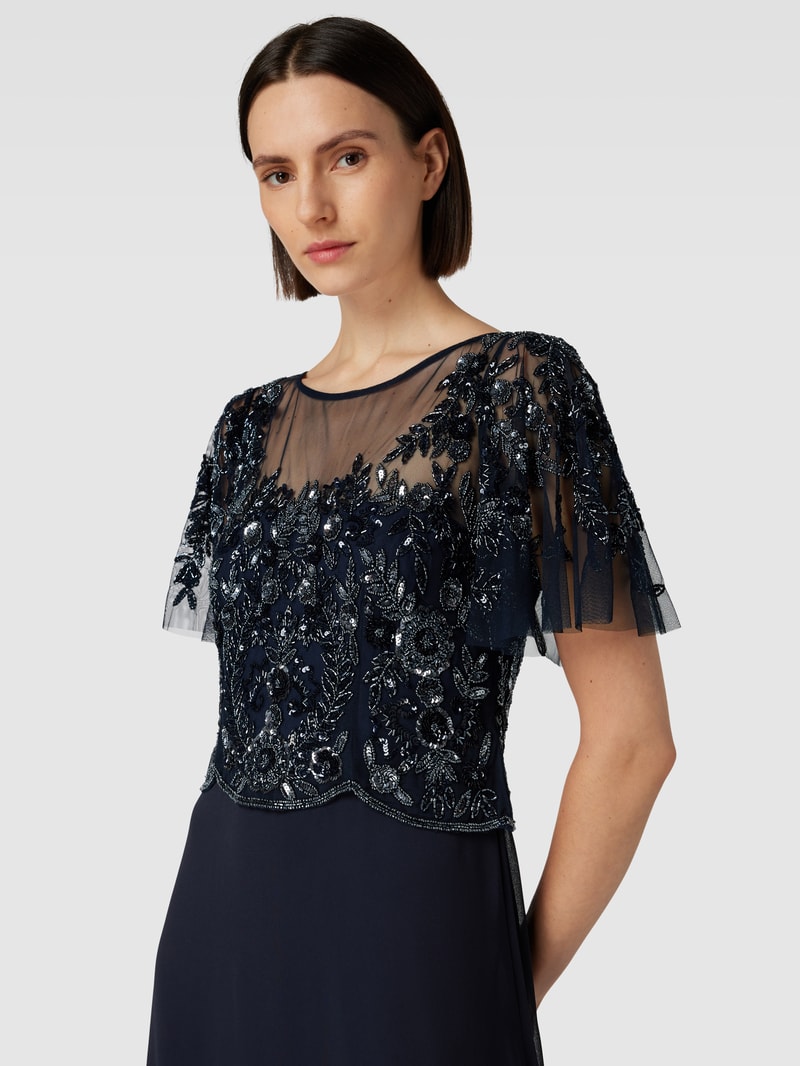 Abendkleid mit floraler Stickerei in dunkelblau