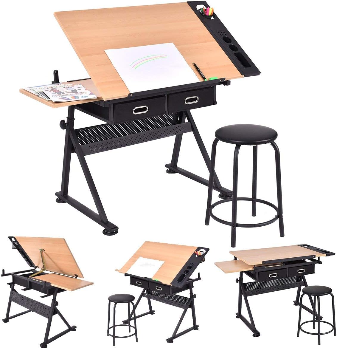 Costway COSTWAY Zeichentisch mit Hocker, Architektentisch höhenverstellbar