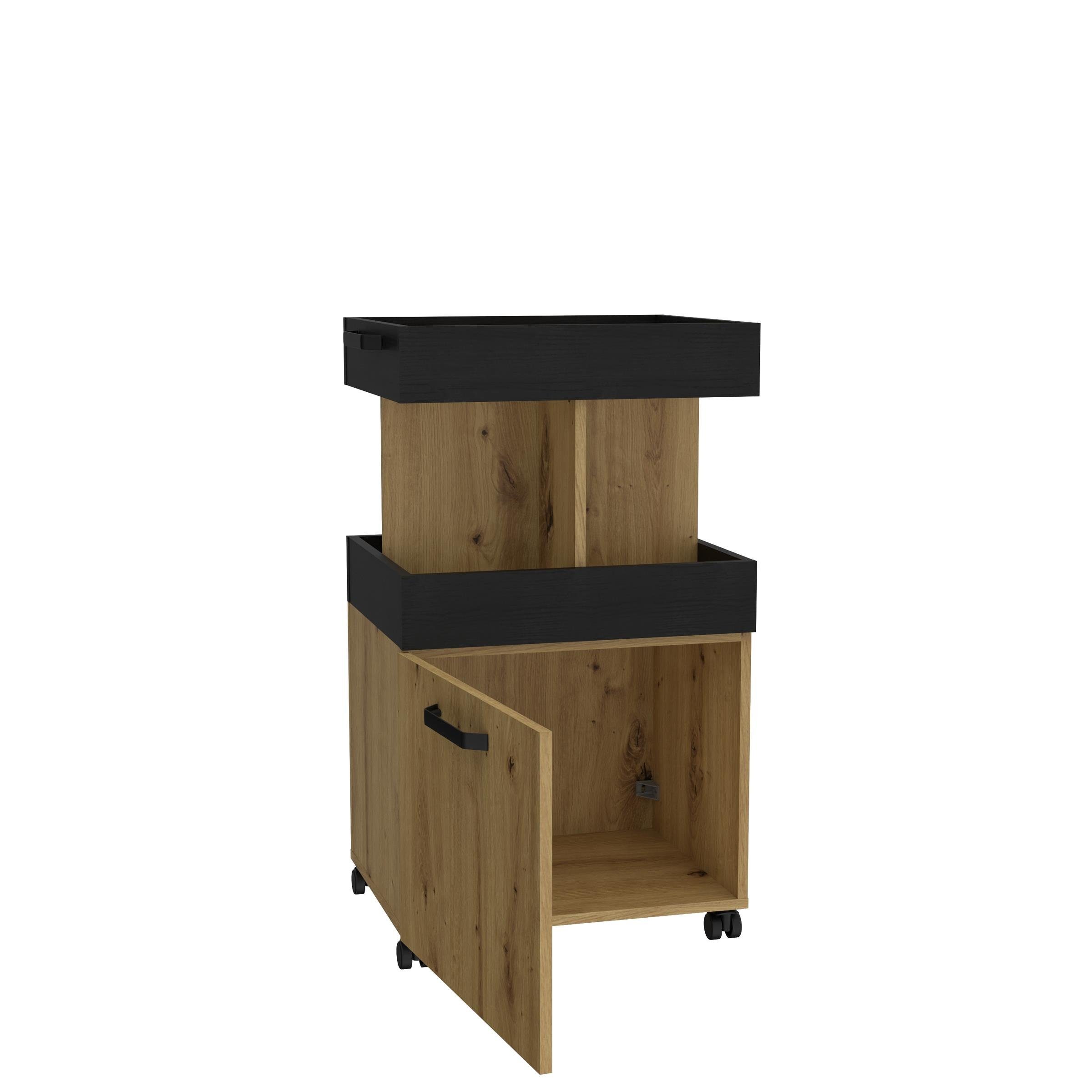möbelando Barschrank Hydra Barschrank im modernen Industrial-Design aus Spanplatte in Artisan Eiche Nachbildung / Schwarz Eiche Nachbildung mit 1 Holztür, 1 Ablageboden, 4 offenen Fächern und 4 Rollen. Breite 50,2 cm, Höhe 88,5 cm, Tiefe 41,1 cm