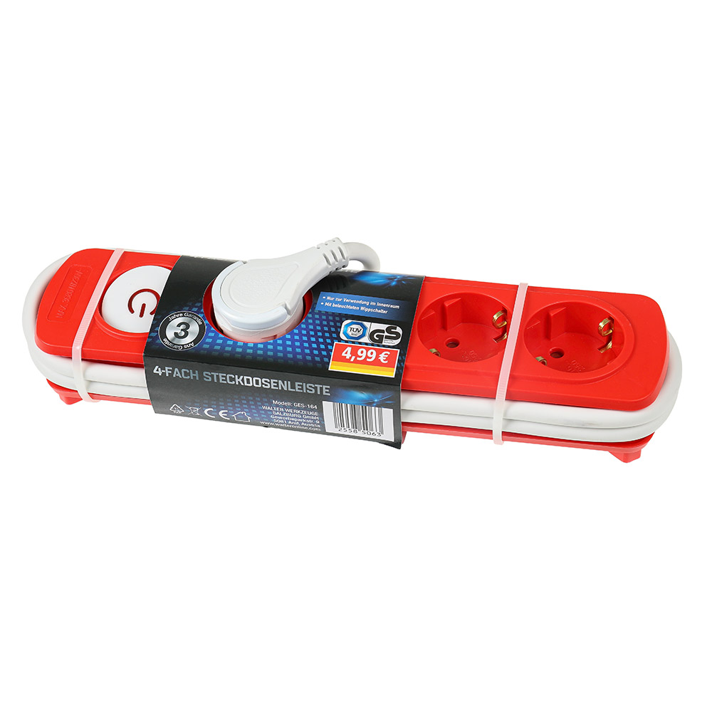 Powertec Electric 4-fach Steckdosenleiste - Rot