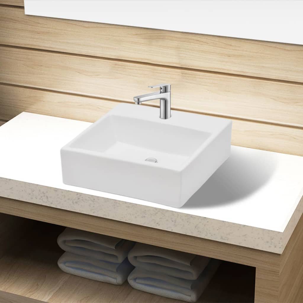 vidaXL Waschbecken Keramik Waschbecken mit Hahnloch Weiß Quadratisch