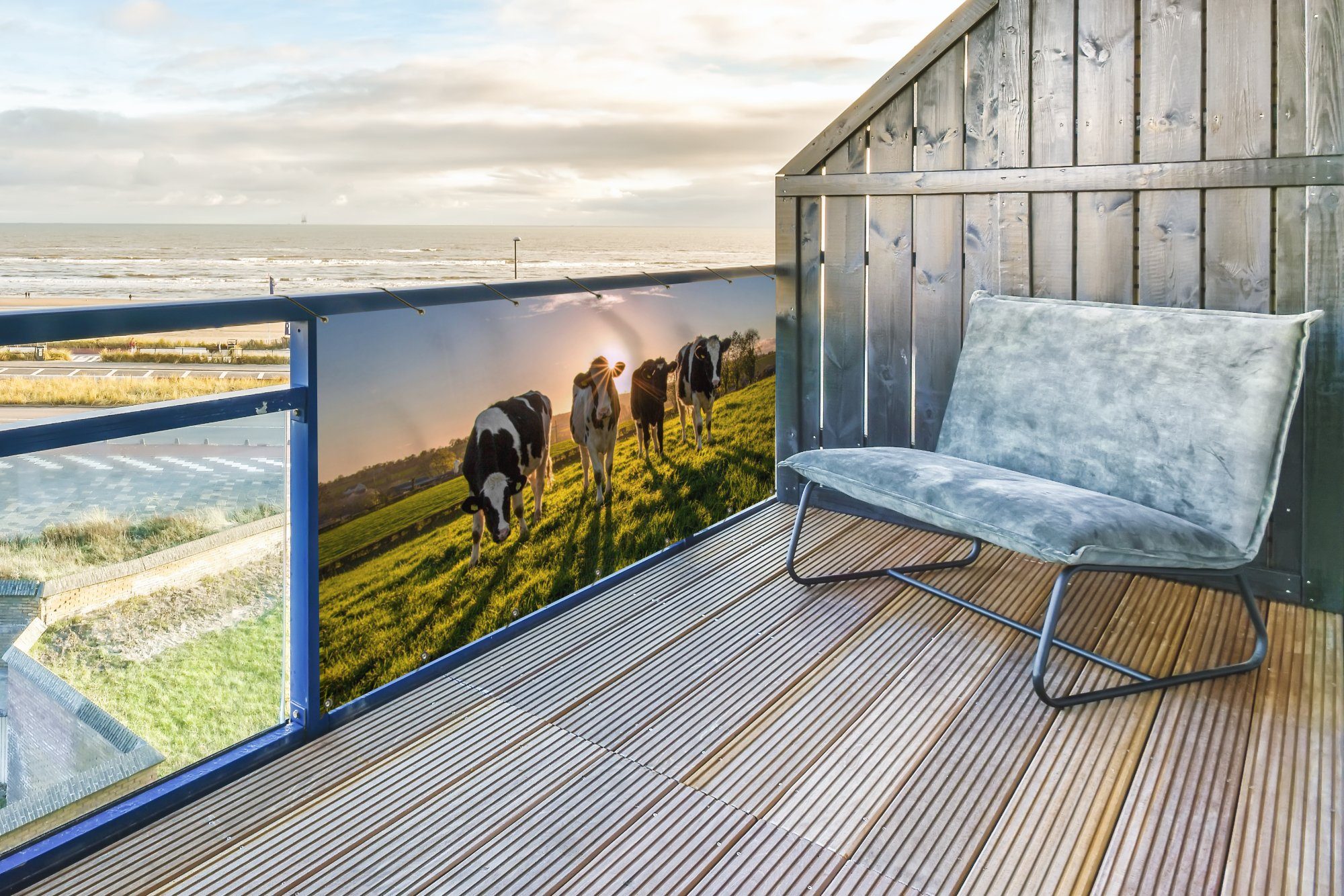 MuchoWow Balkonsichtschutz Kühe - Sonne - Gras - Tiere - Bauernhof (1-St) Balkonbanner, Sichtschutz für den Balkon, Robustes und wetterfest