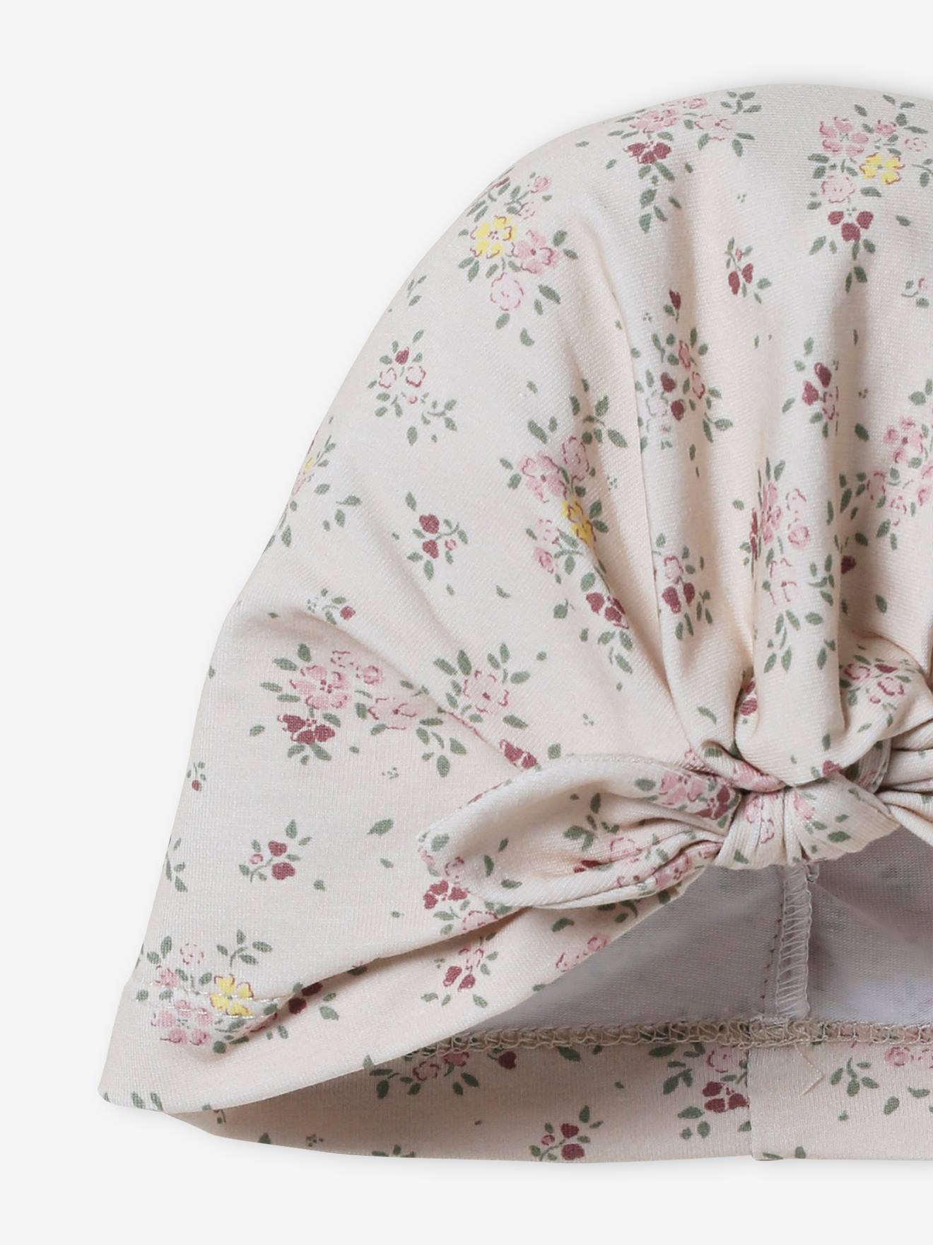 Bonnet esprit turban bébé fille en maille imprimée beige poudré