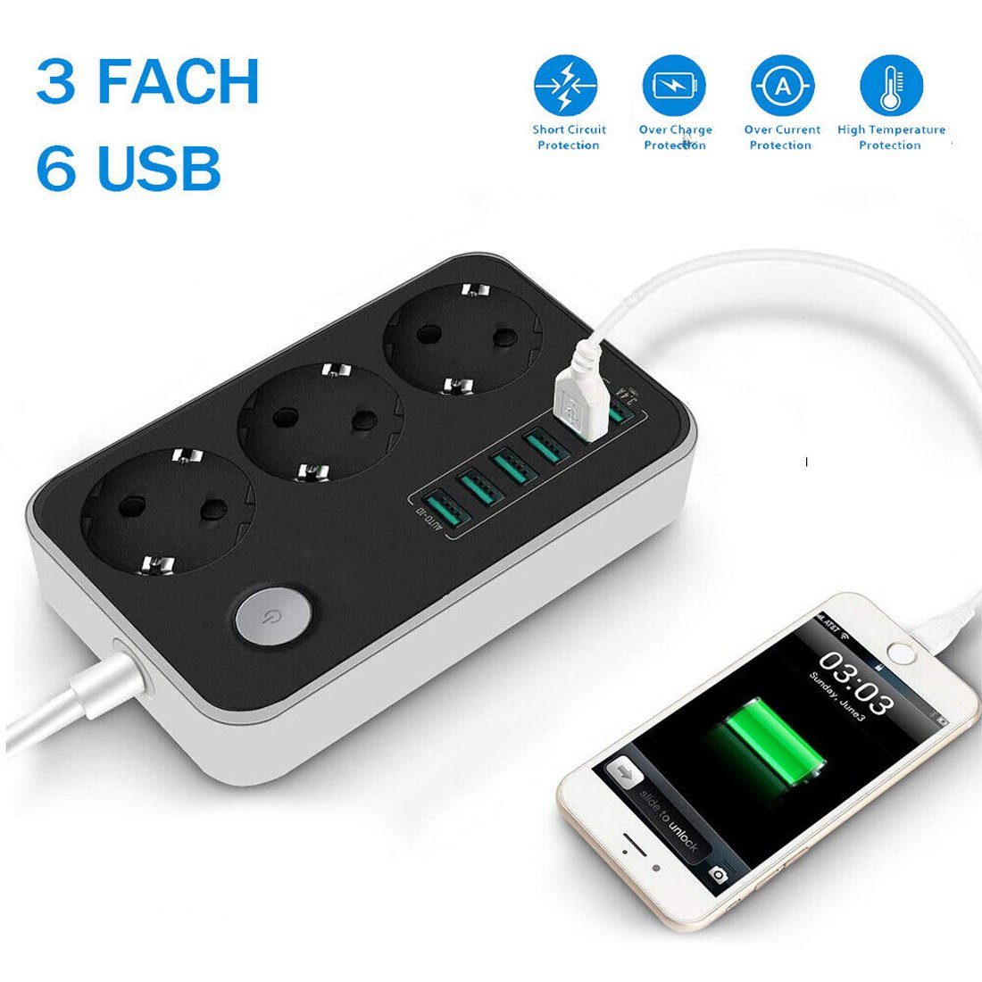 Bolwins A66D Mehrfachsteckdose Steckdosenleiste Steckdose +6x USB Ladegerät Mehrfachsteckdose