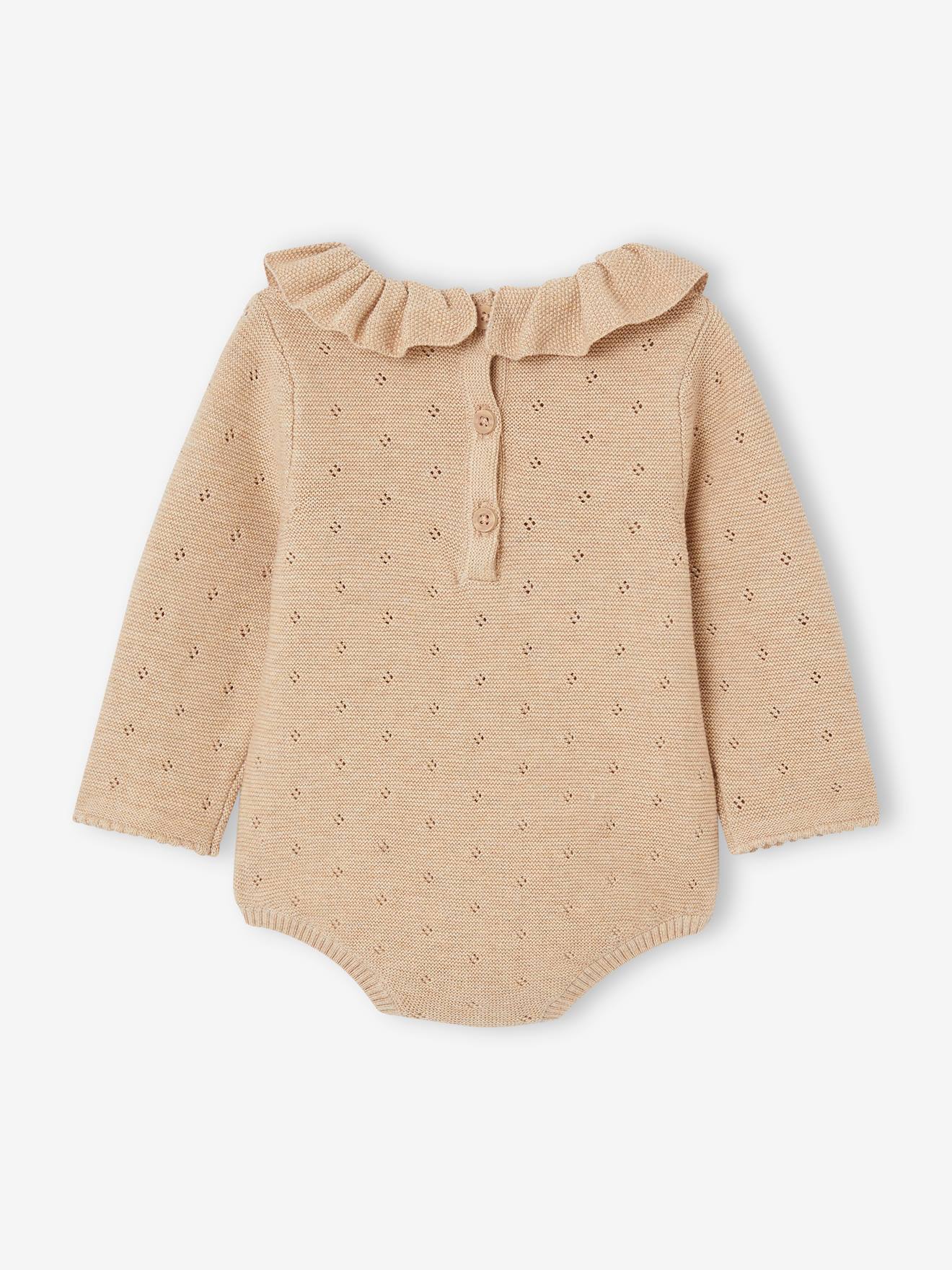 Vertbaudet Baby-Set: Strick-Kurzoverall mit langen Ärmeln & Mütze Oeko-Tex - beige meliert
