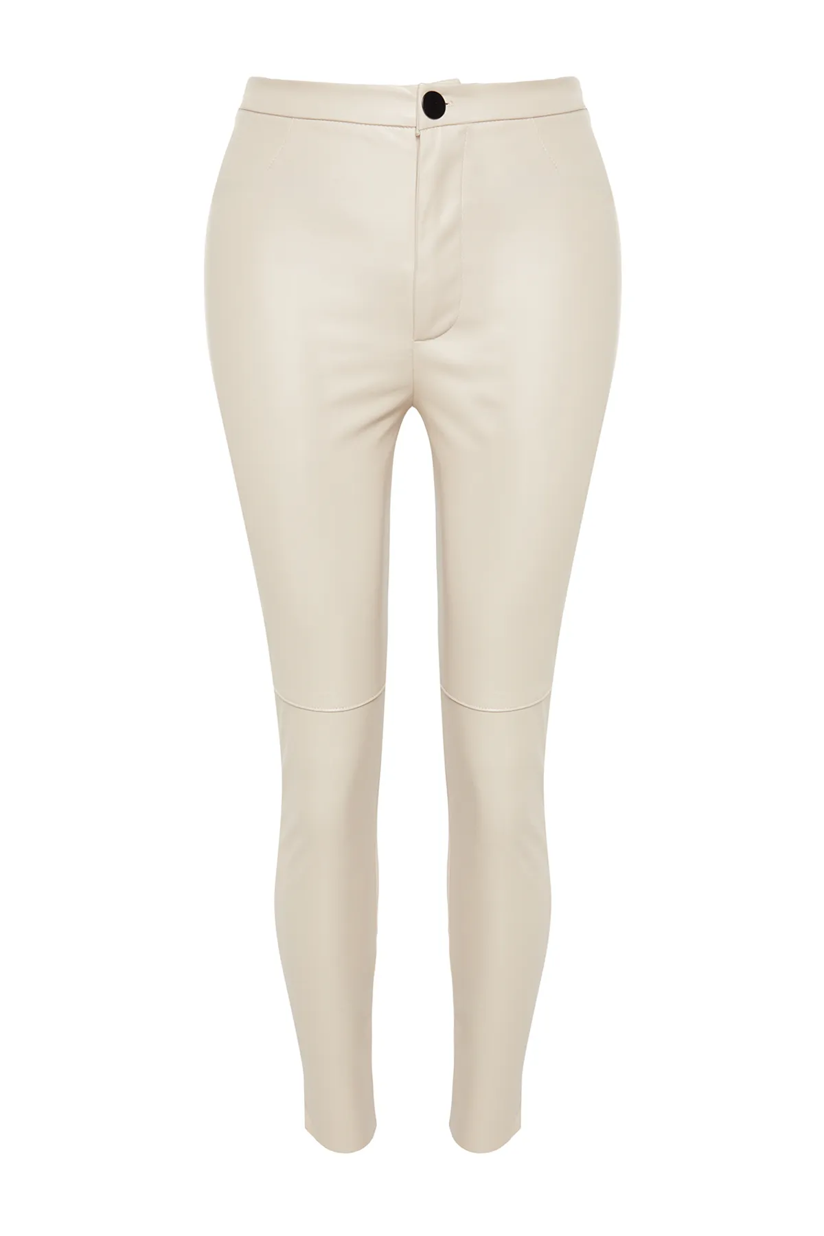 Trendyol Collection  Beigefarbene Slim-Fit-Strickhose aus Kunstleder mit hoher Taille TWOAW24PL00102