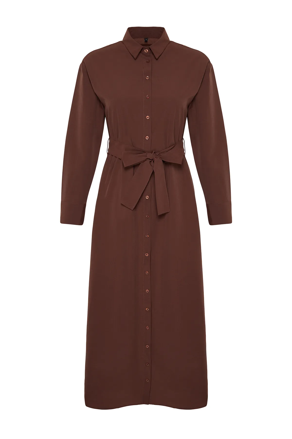 Trendyol Modest  Braunes Hemdkleid aus gewebter Baumwolle mit Gürtel und Bündchen TCTSS23EB00072