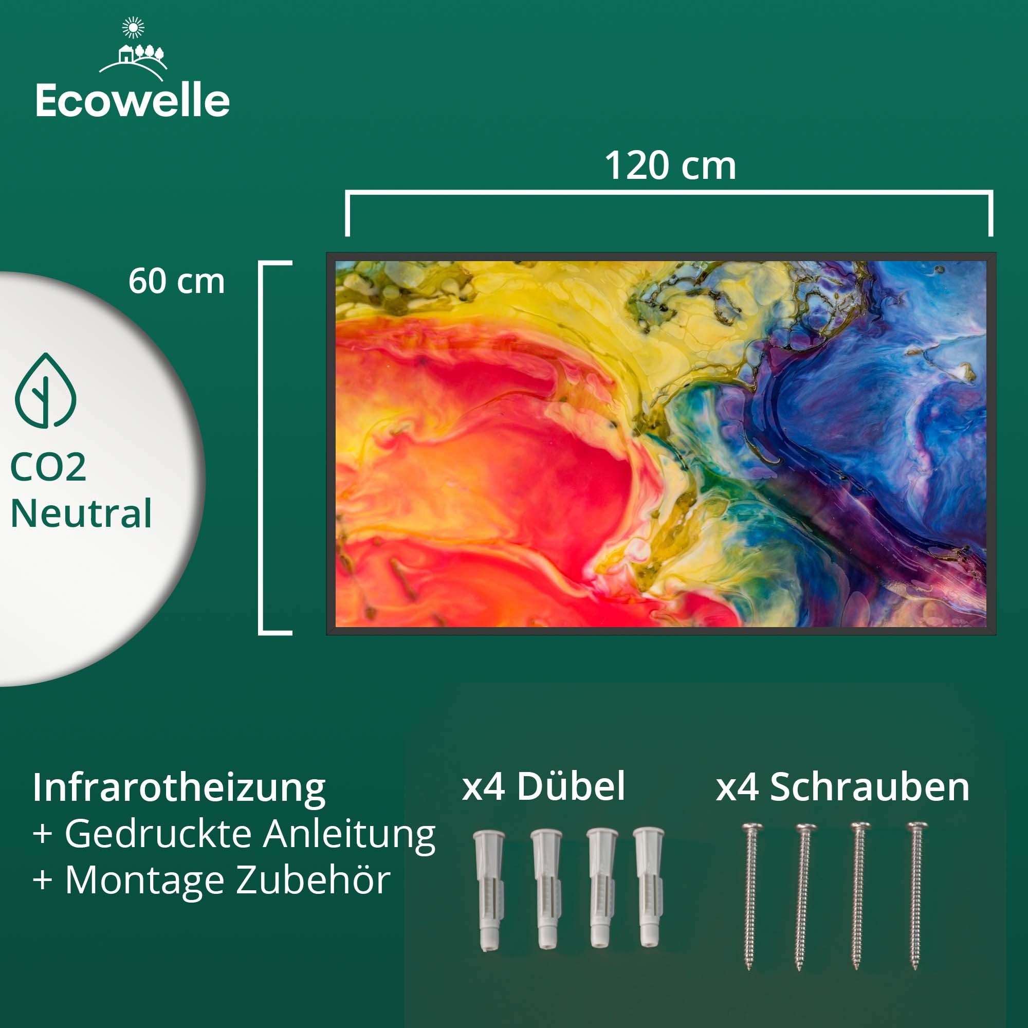 Ecowelle Infrarotheizung Elektroheizung + Wifi App Thermostat, 350-1200 Watt Made in Germany, TÜV Geprüft, Aluminium Rahmen
