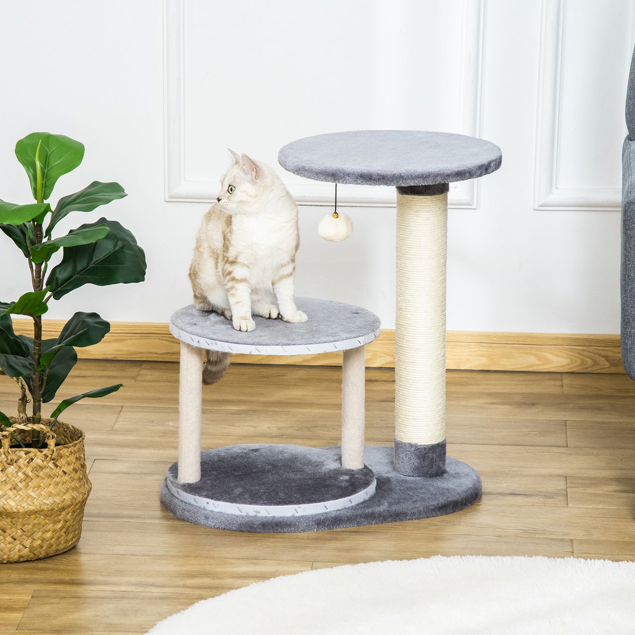 PawHut Kratzbaum Katzenbaum mit Katzenhöhle Spielball Katzenkratzbaum Sisalseil-Kratzstangen Grau 55 x 36 x 59 cm